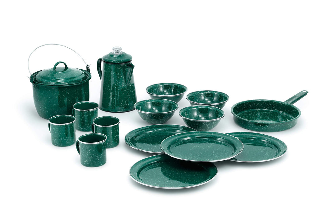 Gsi Outdoors Camp Dinnerware Set I 4-Person Set Includes Pioneer Enamel Percolator, Frypan, Kettle, Bowls, Plates & Coffee Mugs