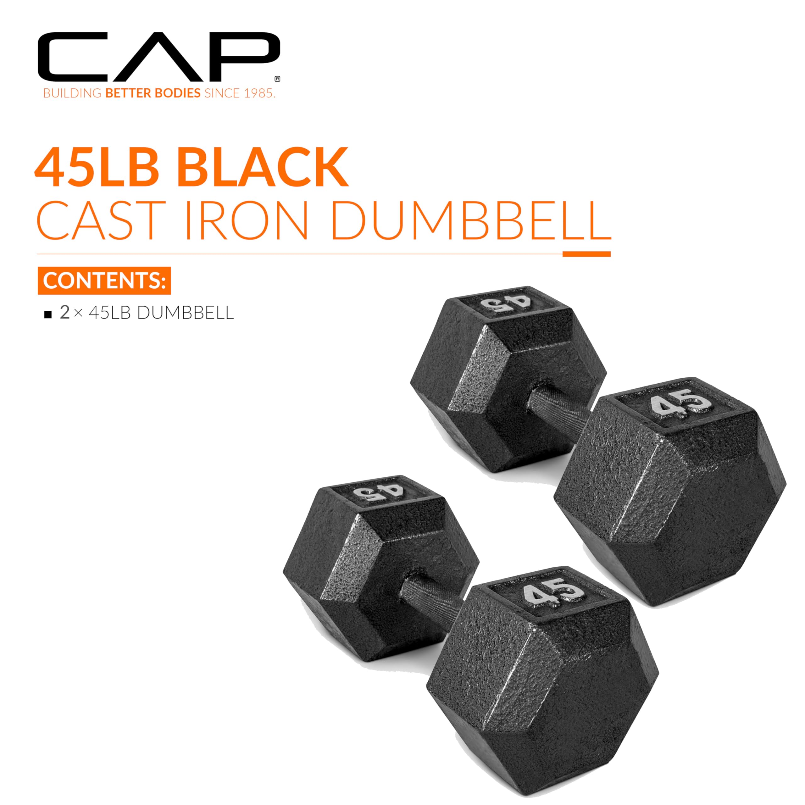 CAP Barbell 45 LB Cast Iron Hex Dumbbell Hand Weight - Pair | Black