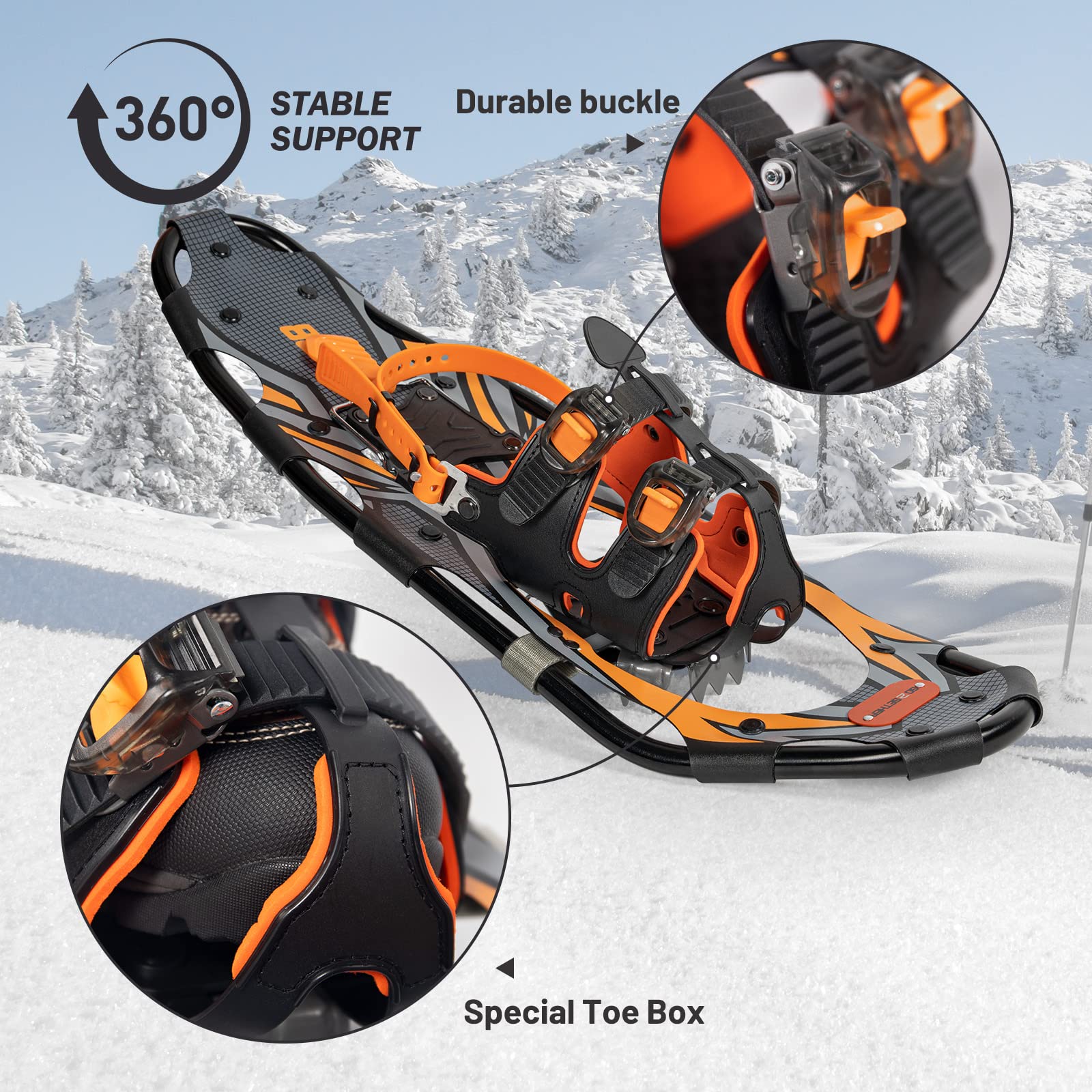 G2 30 Inches Orange Light Weight Snowshoes For Women Men Youth, Set With Trekking Poles, Tote Bag, Special Eva Padded Ratchet Bi