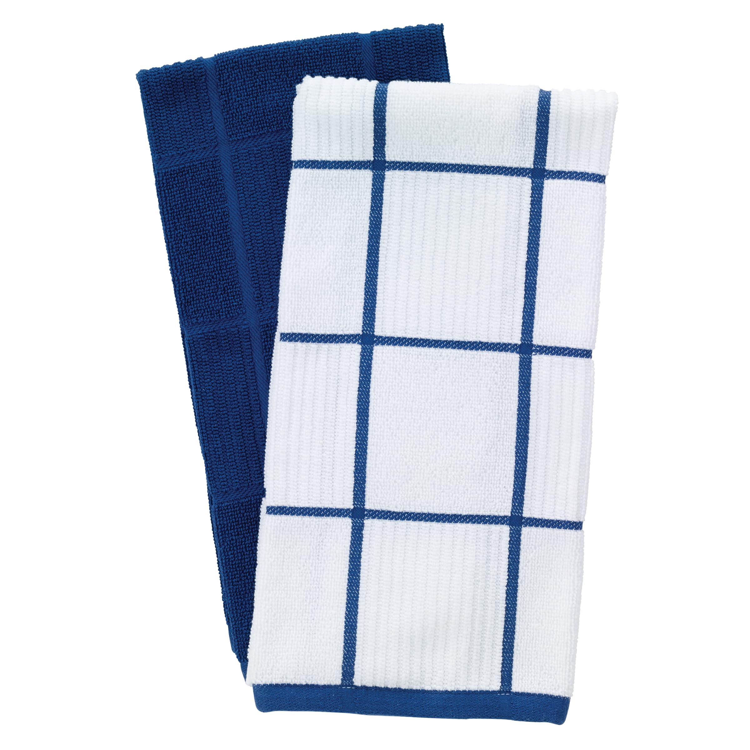 T-Fal Textiles 60918 2-Pack Parquet Design 100-Percent Cotton Kitchen Dish Towel, Blue, Solid/Check-2 Pack, 2 Count
