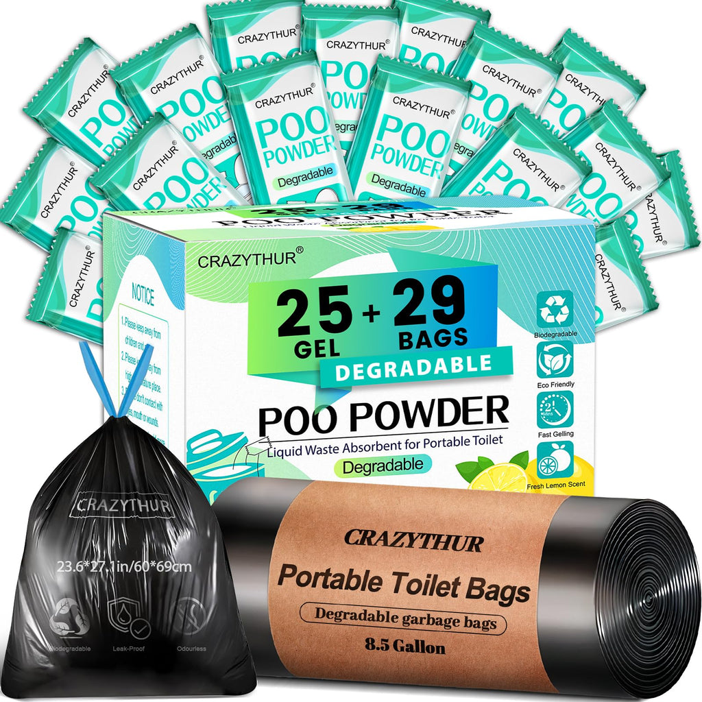 Crazythur 29Pcs Portable Toilet Bags With 25Pcs For Poo Powder Set, 8.5 Gallon Camping Toilet Bag Portable Toilets Absorbent Pow
