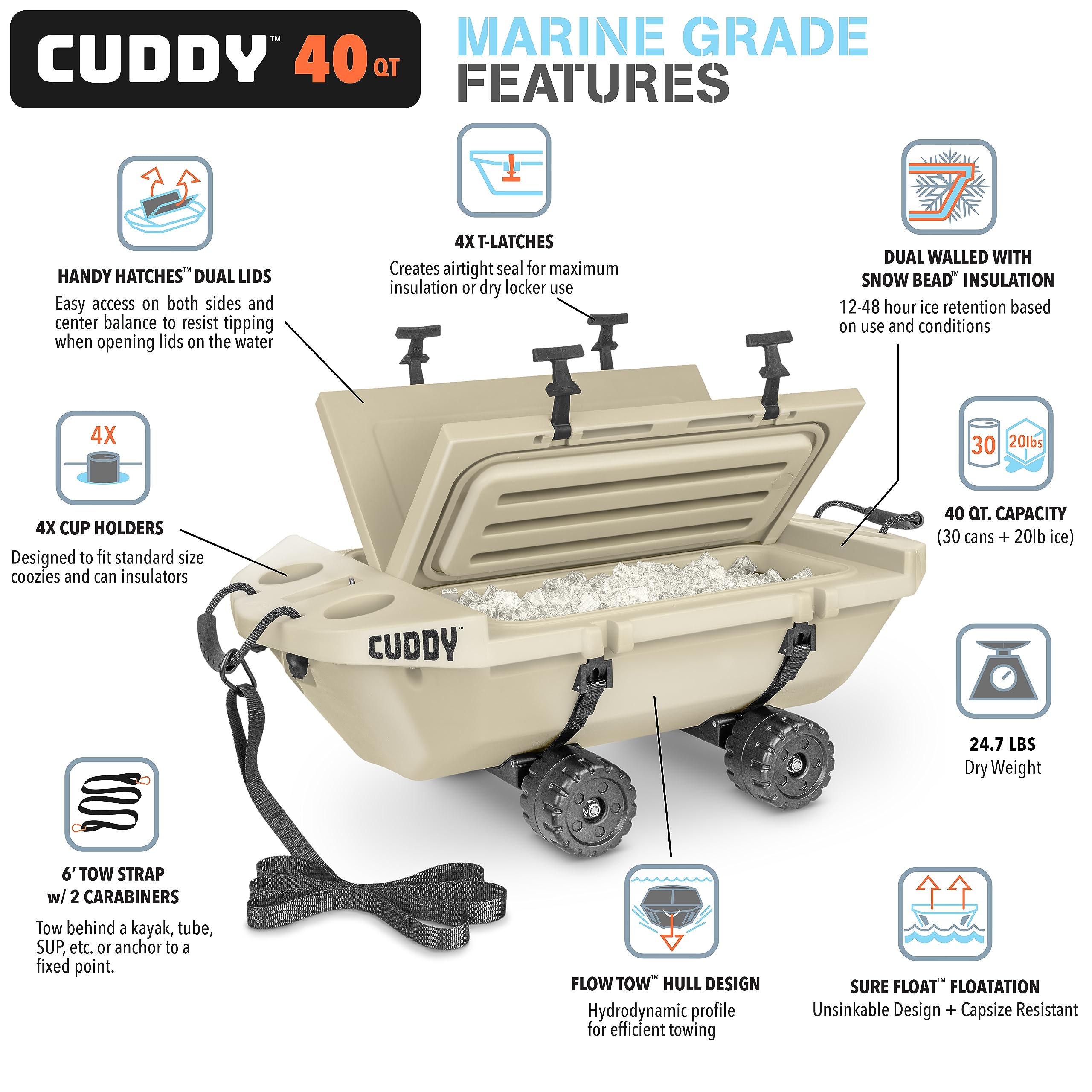 Cuddy Crawler Cooler with Wheels - 40 QT Amphibious Floating Cooler and Dry Storage Vessel - Tan