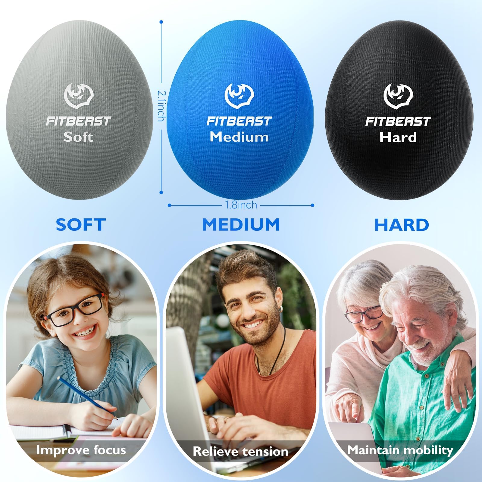 Fitbeast Stress Balls For Adults, Squeeze Balls For Hand Therapy, 6-Pack Hand Therapy Balls, Tri-Density Hand Exercise Ball For