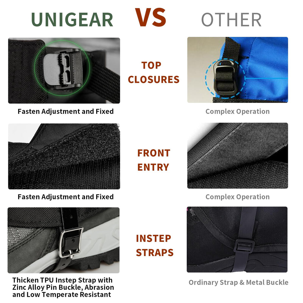 Unigear Snow Leg Gaiters For Men Women, Waterproof Boot Gaiters For Hiking Walking Climbing Hunting Skiing 1000D Fabric (Grey,La
