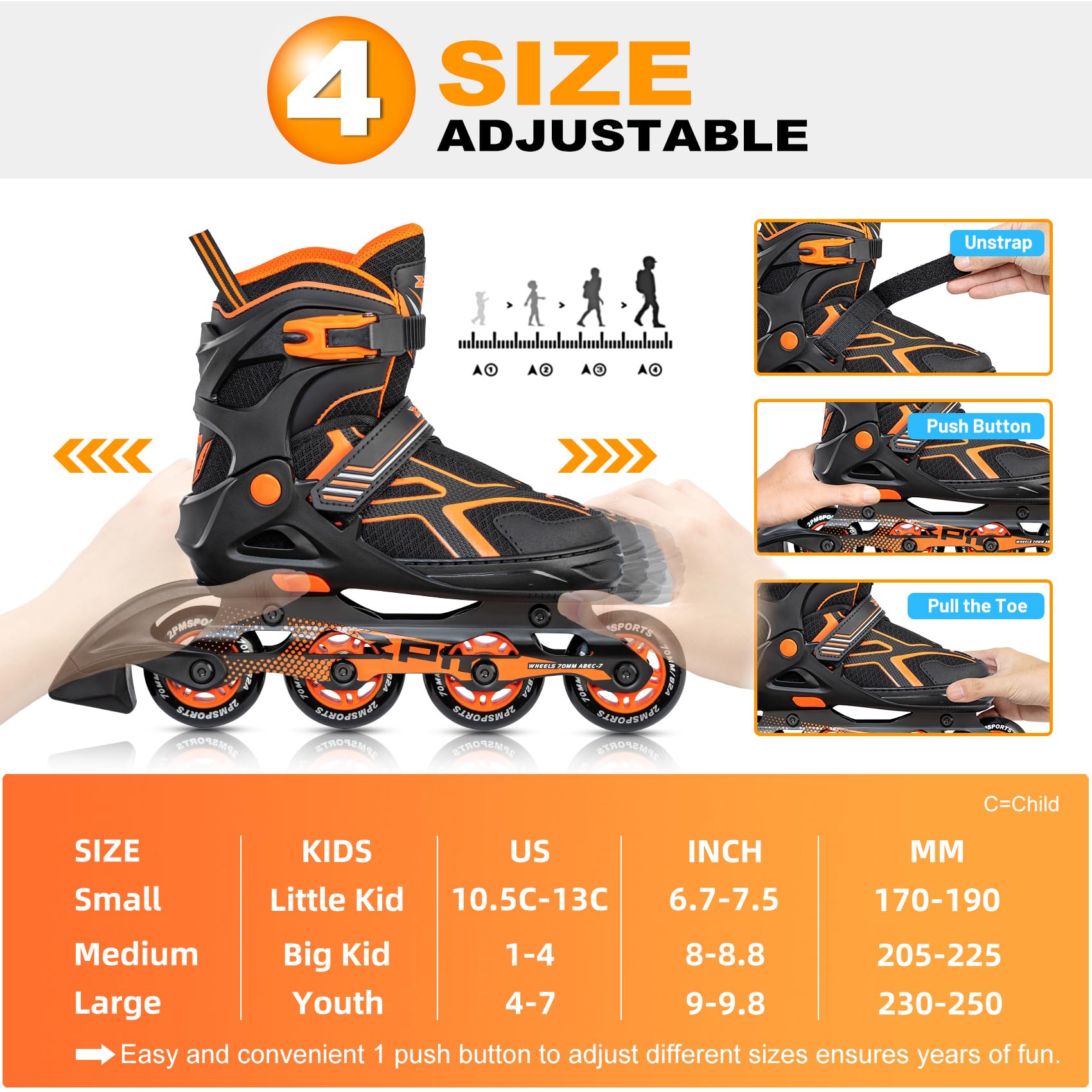 2Pm Sports Torinx Boys Adjustable Inline Skates, Fun Beginner Roller Skates For Kids, Youth, Girls, Men And Women - Orange Large