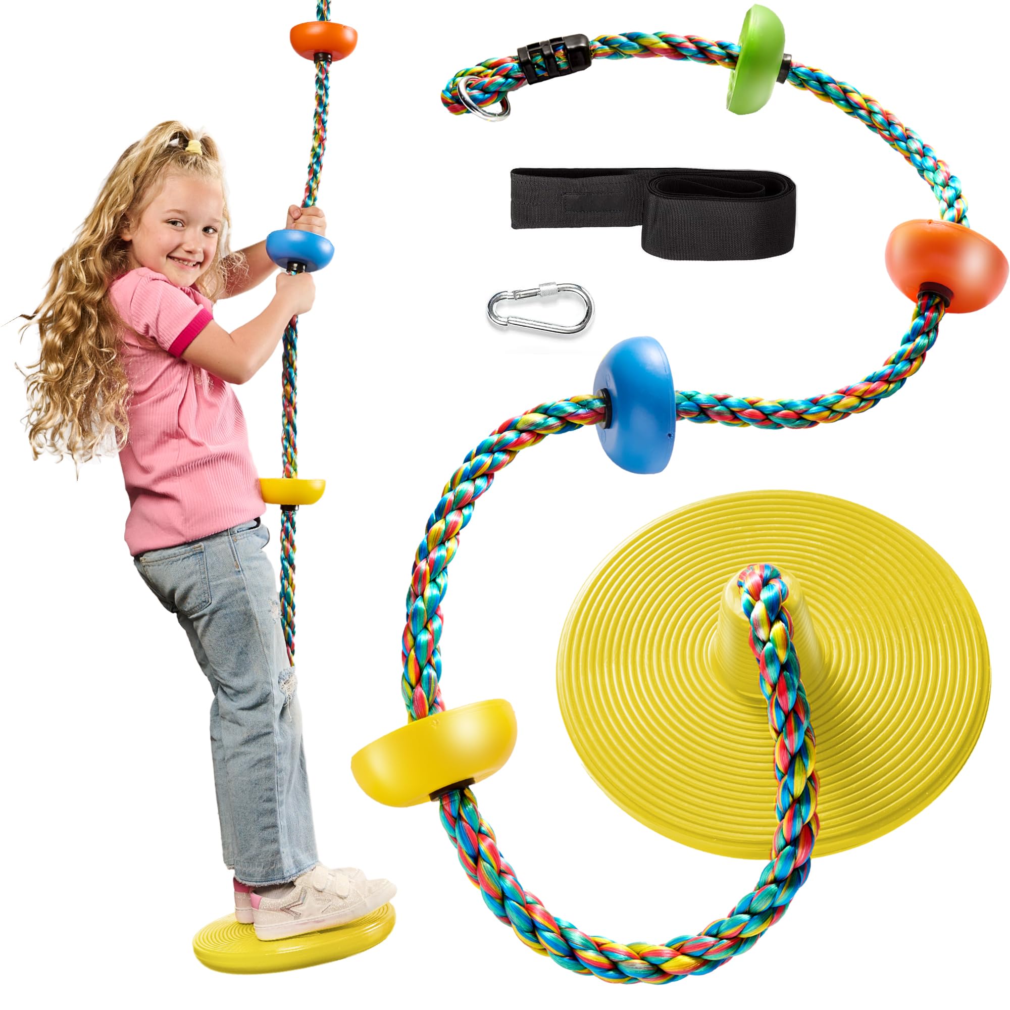 Jungle Gym Kingdom Tree Swing for Kids - Single Disc Seat and Rainbow Climbing Rope Set w/Carabiner and 2.6 Foot Strap - Treehou