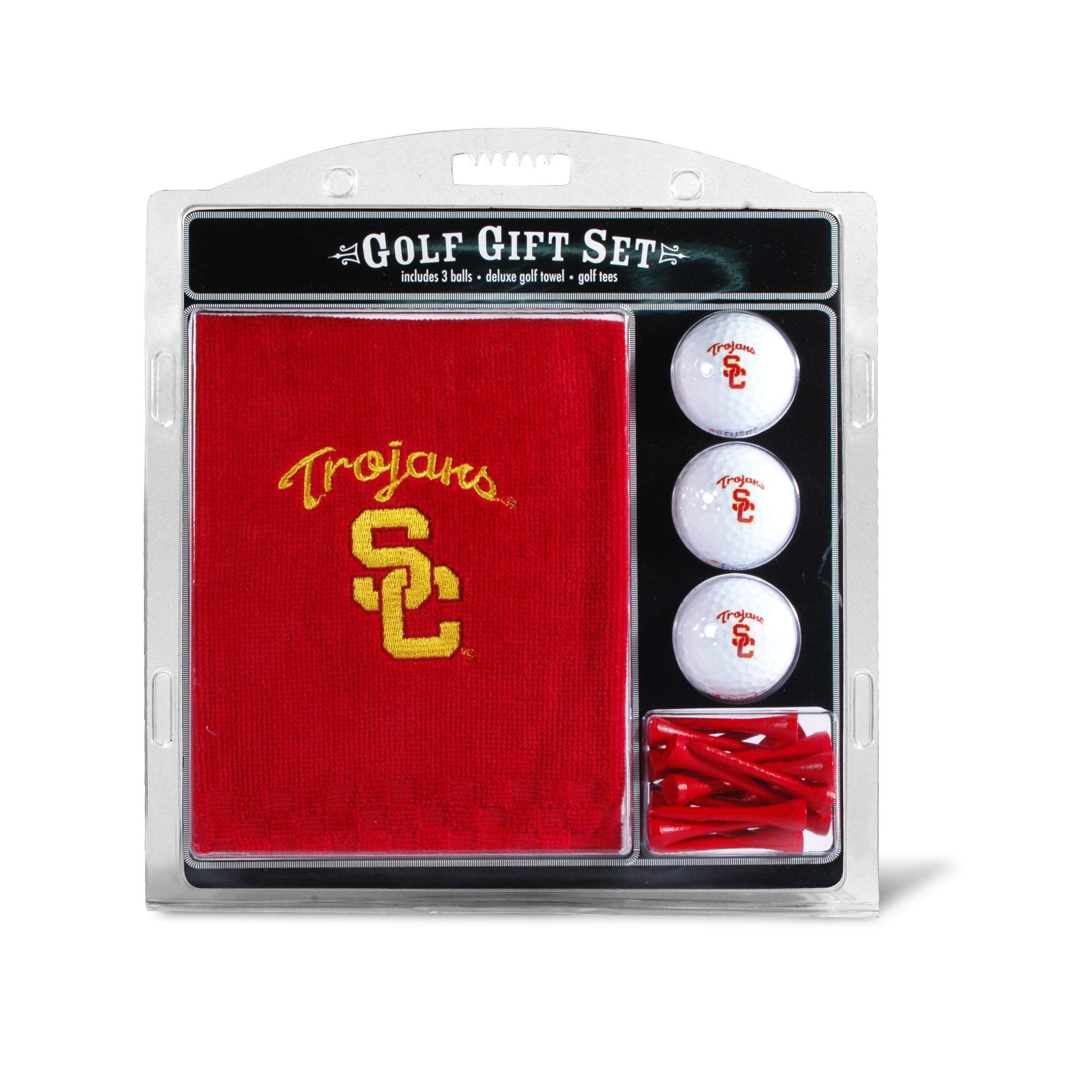 Team Golf Ncaa Usc Trojan Gift Set: Embroidered Golf Towel, 3 Golf Balls, And 14 Golf Tees 2-3/4'' Regulation, Tri-Fold Towel 16