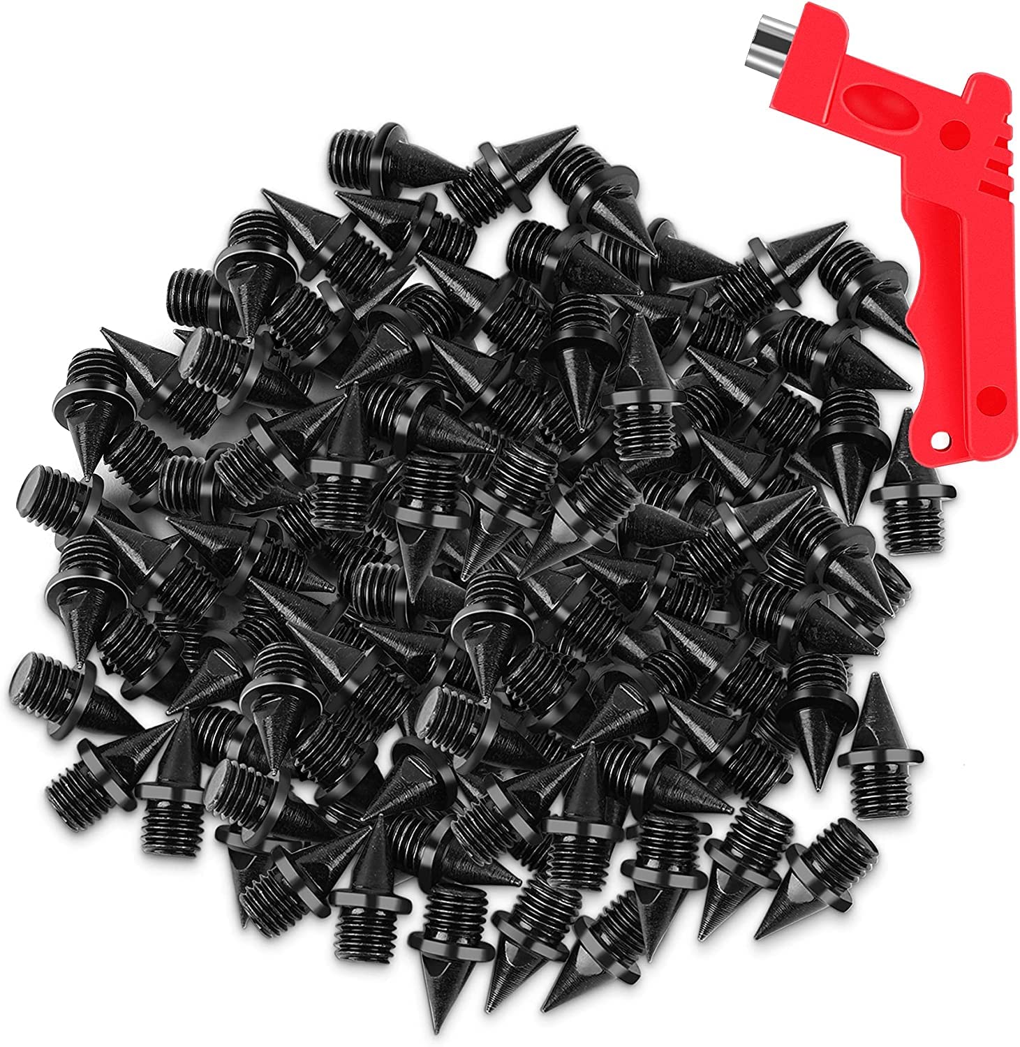 Vocool 100 Pcs 1/4Inch Black Stainless Steel Track And Cross Country Spikes With Spike Wrench, Pyramid Replacement Track Spikes 