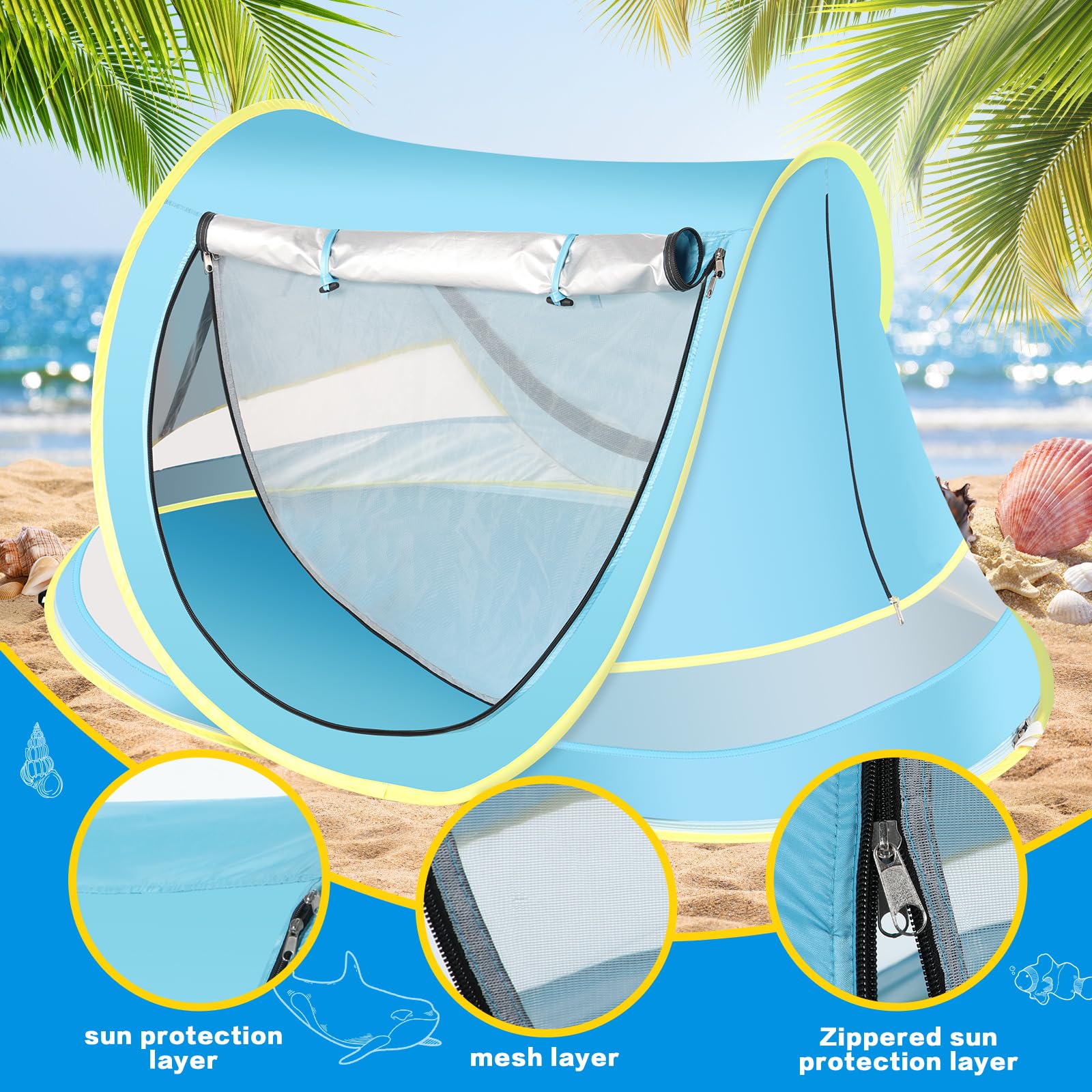 Baby Beach Tent With Baby Hat, Pop Up Toddler Travel Tent With Sun Hat For Boys Or Girls, Sun Shade For Toddler Camping, Infant