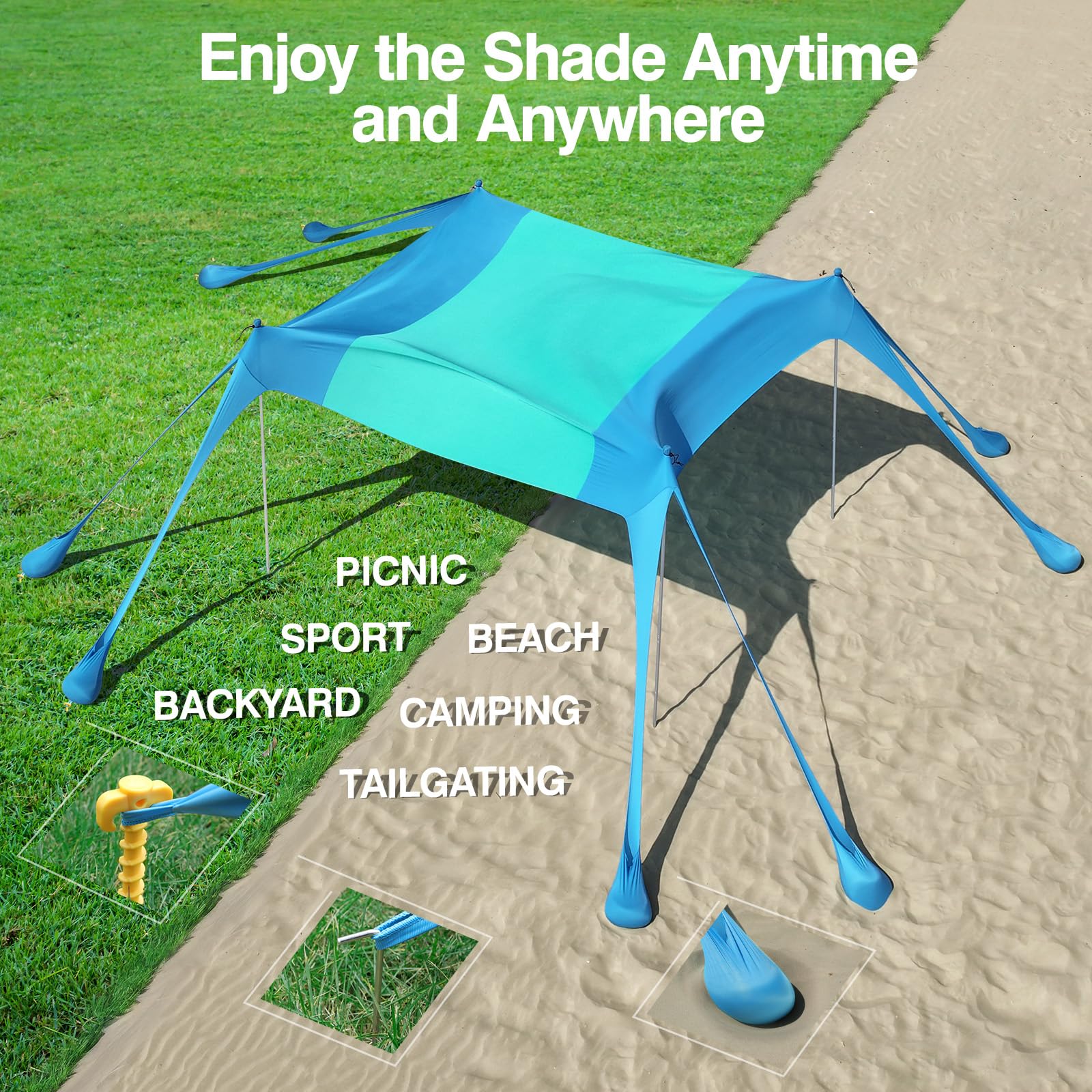 Rhino Valley Beach Tent, 10 X 10 Ft Beach Shade Upf50+ Protection, Beachcanopy With 8 Sandbags 4 Stability Poles, Outdoor Beacht