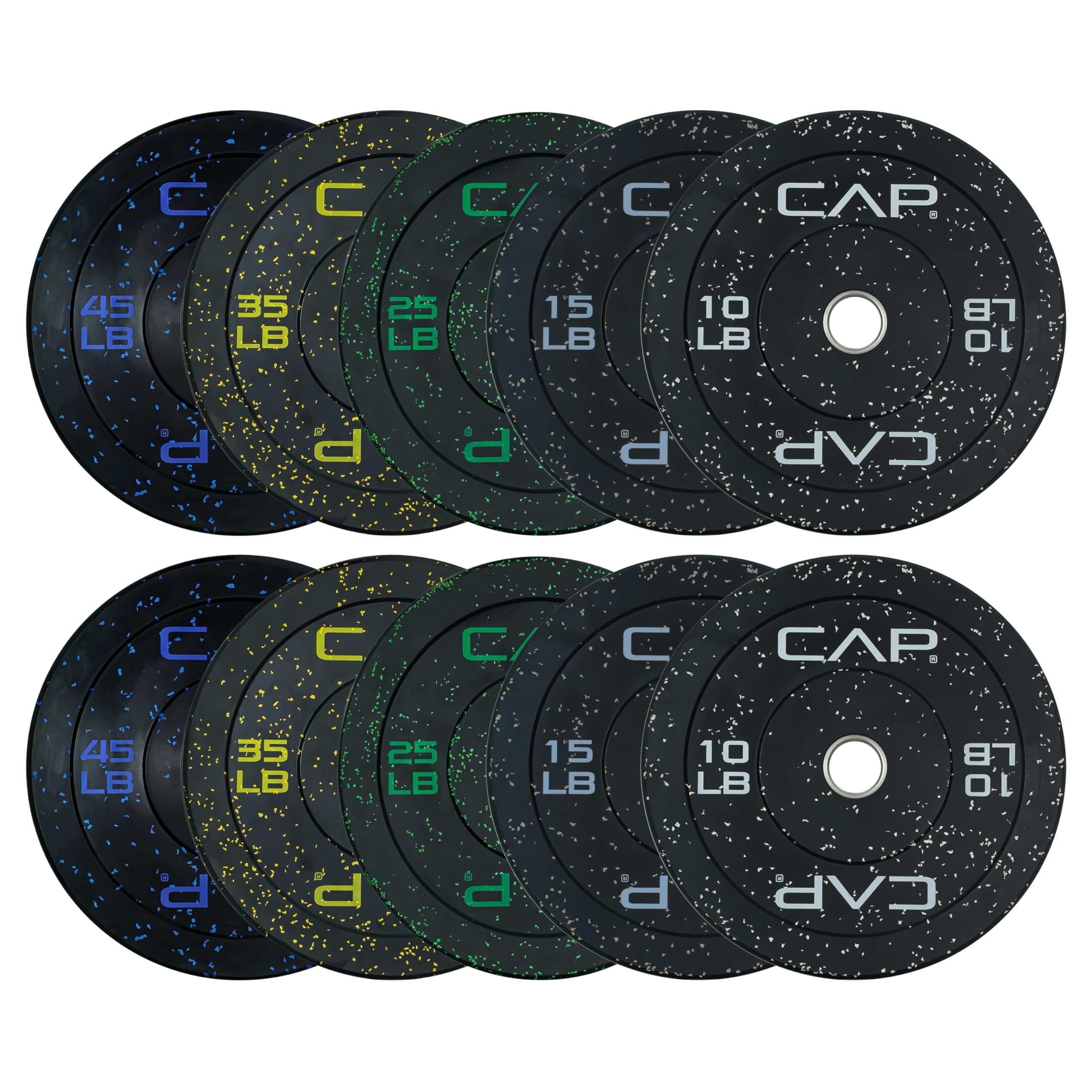 CAP Barbell Economy - Speckled Olympic Bumper Plate Set with Color Logo, Black, 260 lbs Set