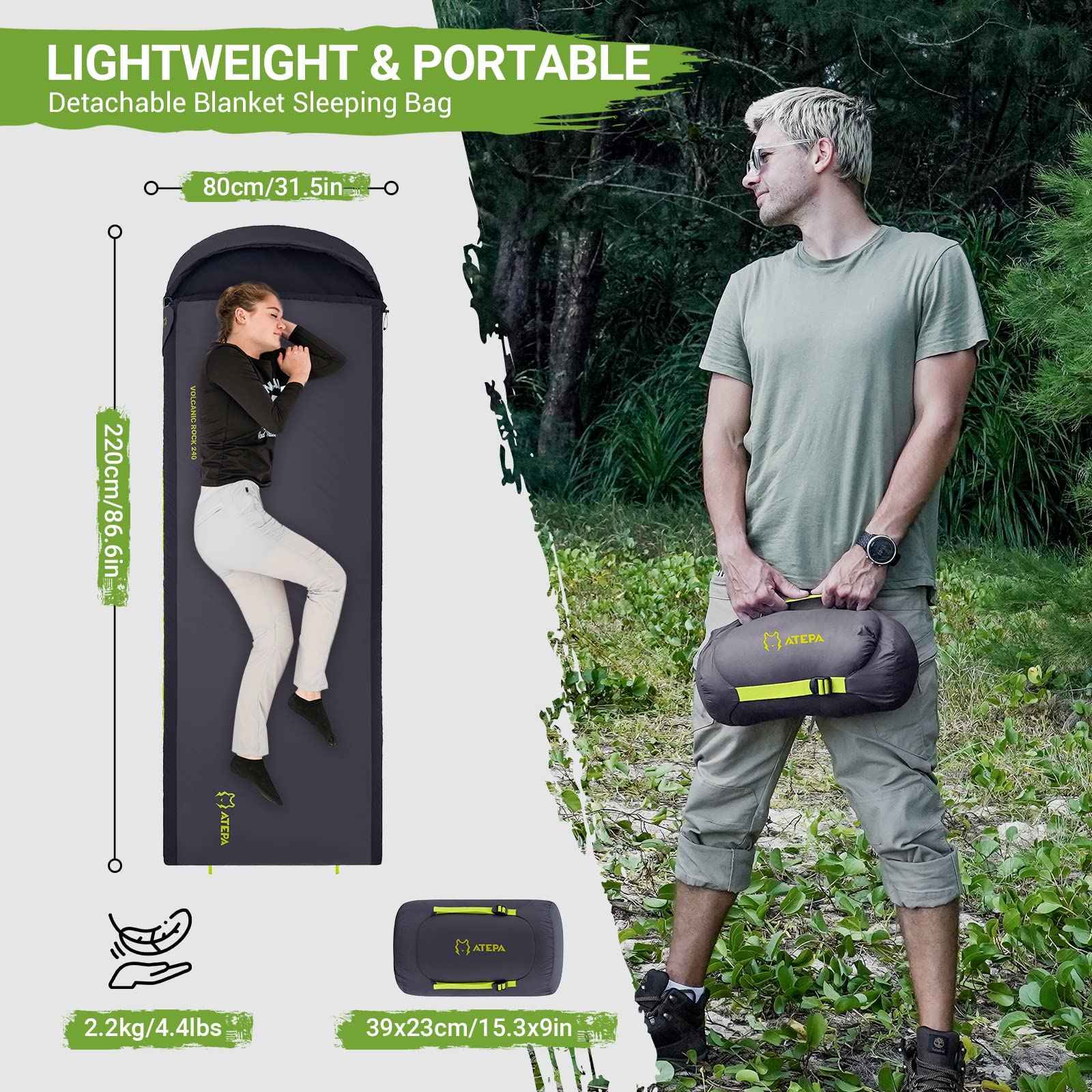 Atepa Multipurpose Down Sleeping Bag, Lightweight Travel Camping Blanket, Packable Compact Sleeping Bag/Blanket With Compression