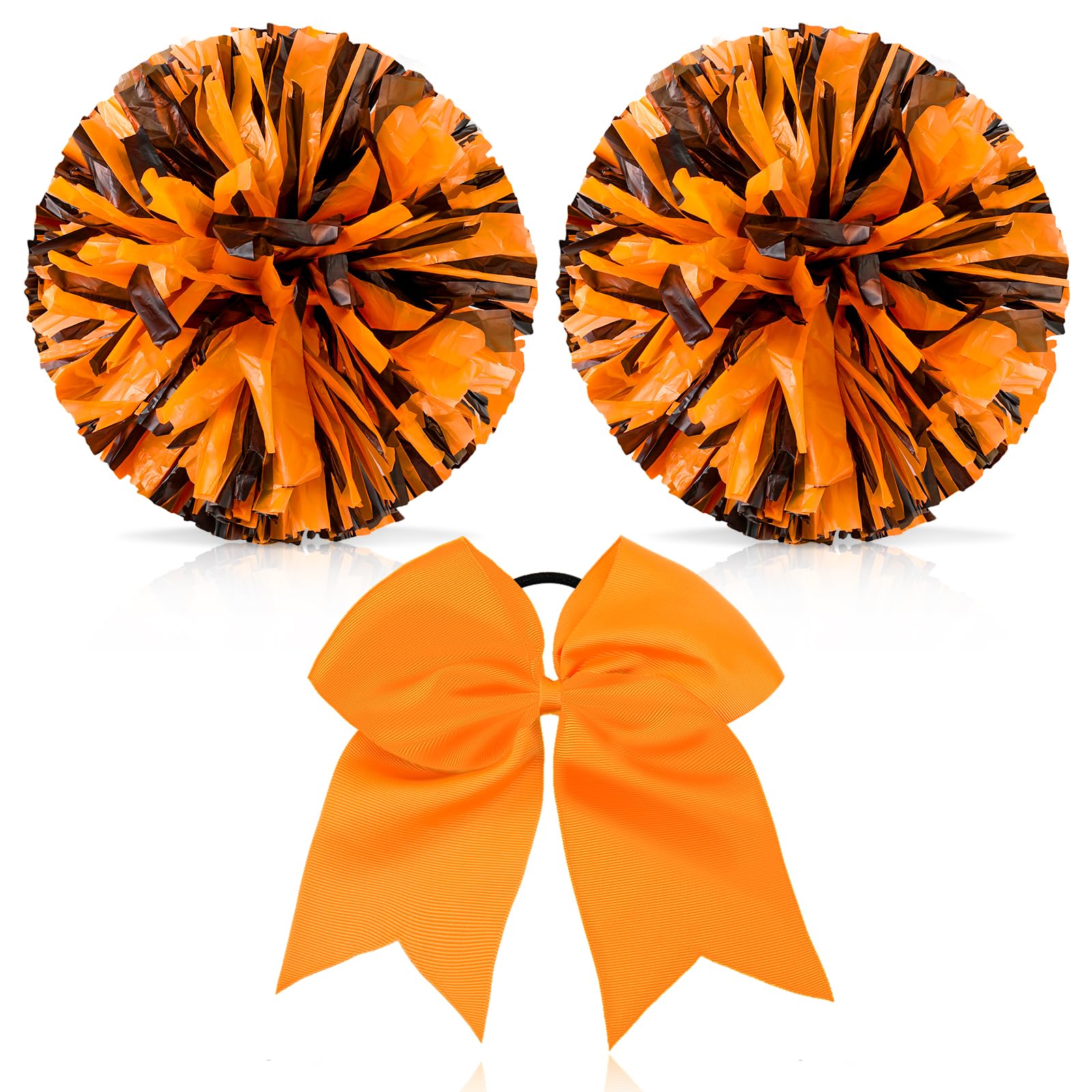Hanaive 3 Pcs Cheerleading Pom Poms And Large Cheerleader Hair Bow For Girl Metallic Cheer Pom Poms For Teen Dance (Orange And B