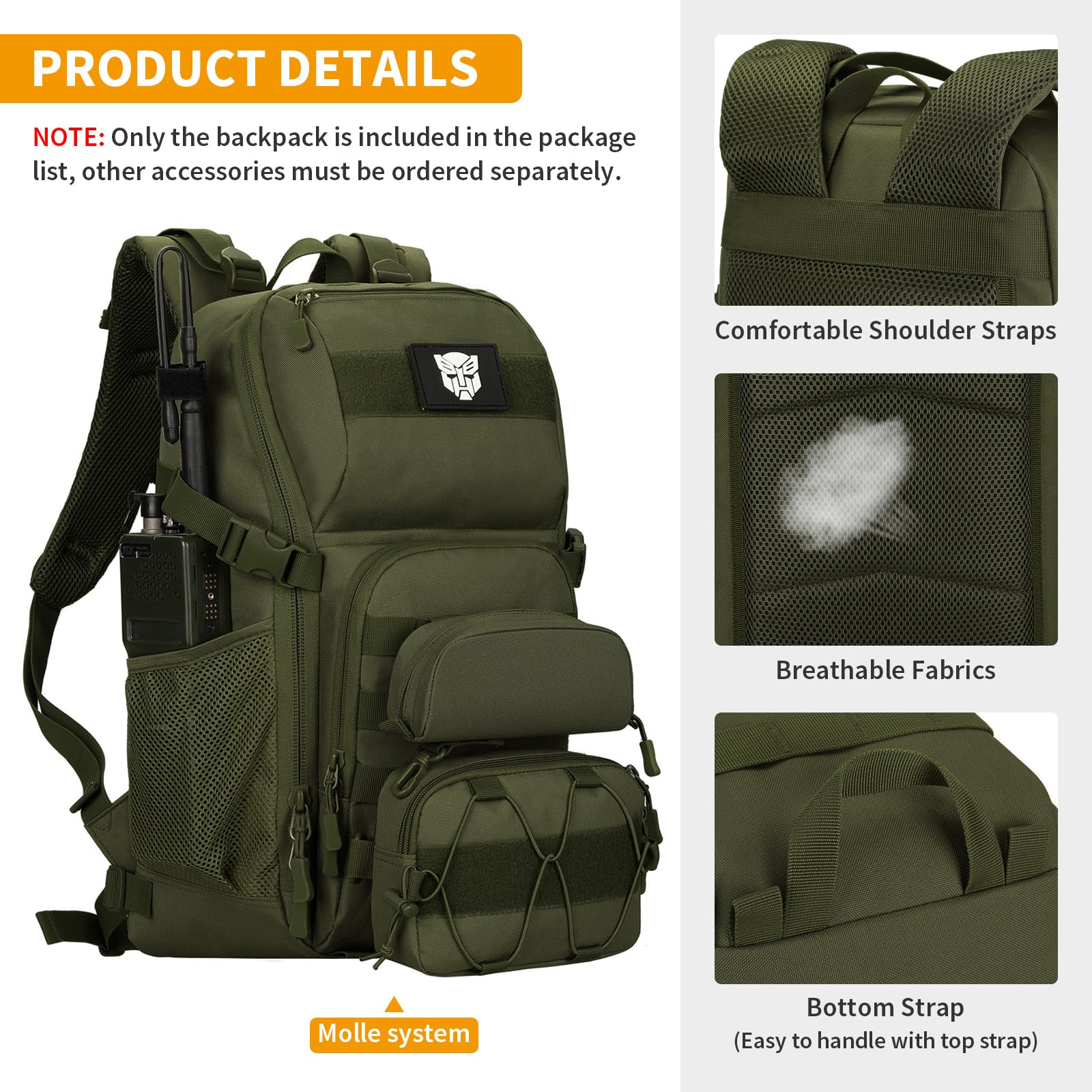 Huntvp Tactical Backpack Military Molle Backpack Hunting Rucksack Gear Assault Pack 25L Wr