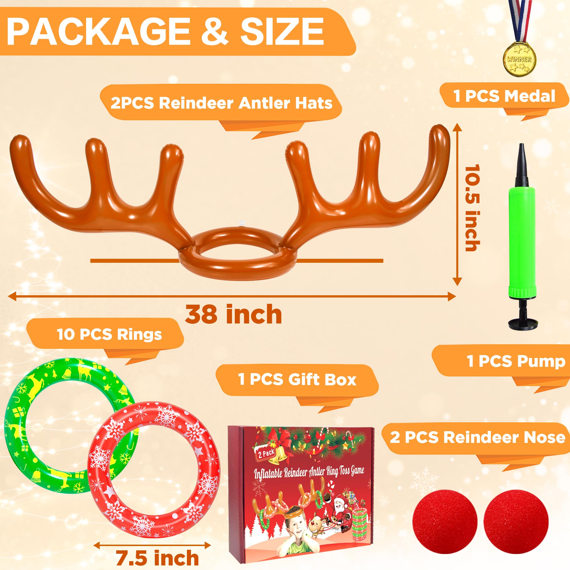 Hapdoop 2-4 Players Inflatable Reindeer Antler Ring Toss Game For Christmas Party - Game Rules Included (2 Antlers 10 Rings)