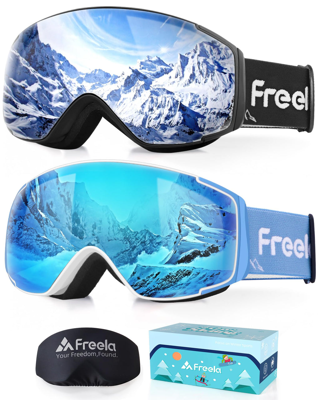 Freela 2 Pack Kids Blue&Black Skiing Snowboarding Snowmobile Winter Snow Goggles for Toddler Boy Girl Youth 4-6 10-12 8-12 6-14,