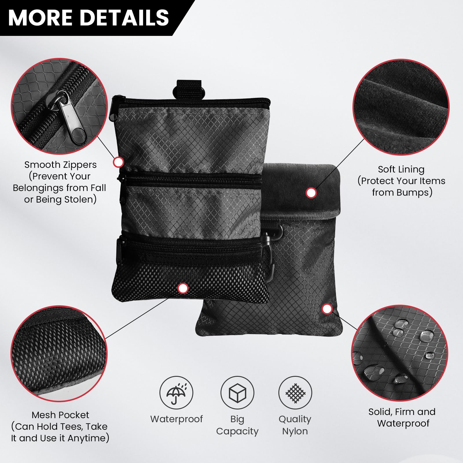 Finger Ten Golf Pouch Bag For Valuables Tee Color With 4 Golf Pencil Pack, Zippered Pocket Gear Clip Hook To Bag (Black Pouch Ba