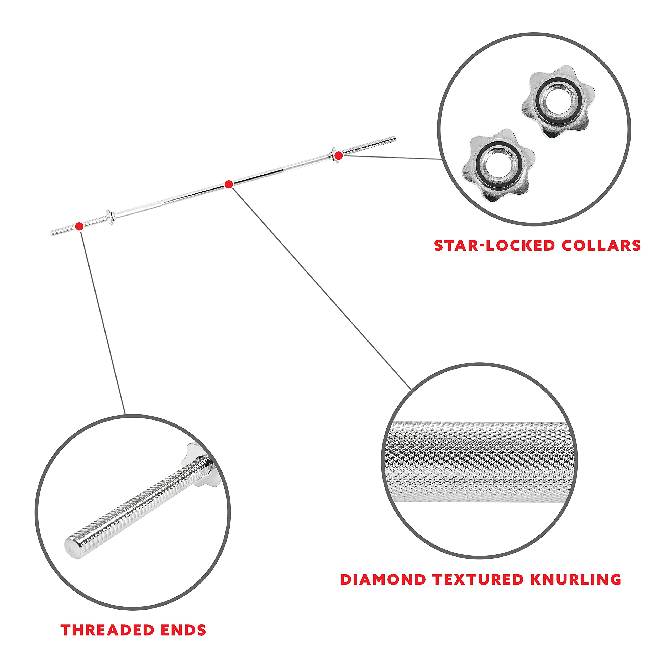 Sunny Health & Fitness 60 Inch Threaded Chrome Barbell Bar, 1 Inch Barbell Diameter With Ring Collars - Stbb-60