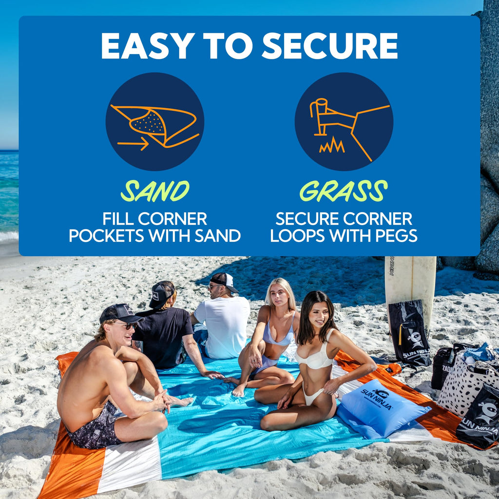 Sun Ninja Sand Free Beach Blanket - Outdoor Blanket, Beach Mat & Accessories - 10Ft X 9Ft Lightweight Blanket With Storage, Bott
