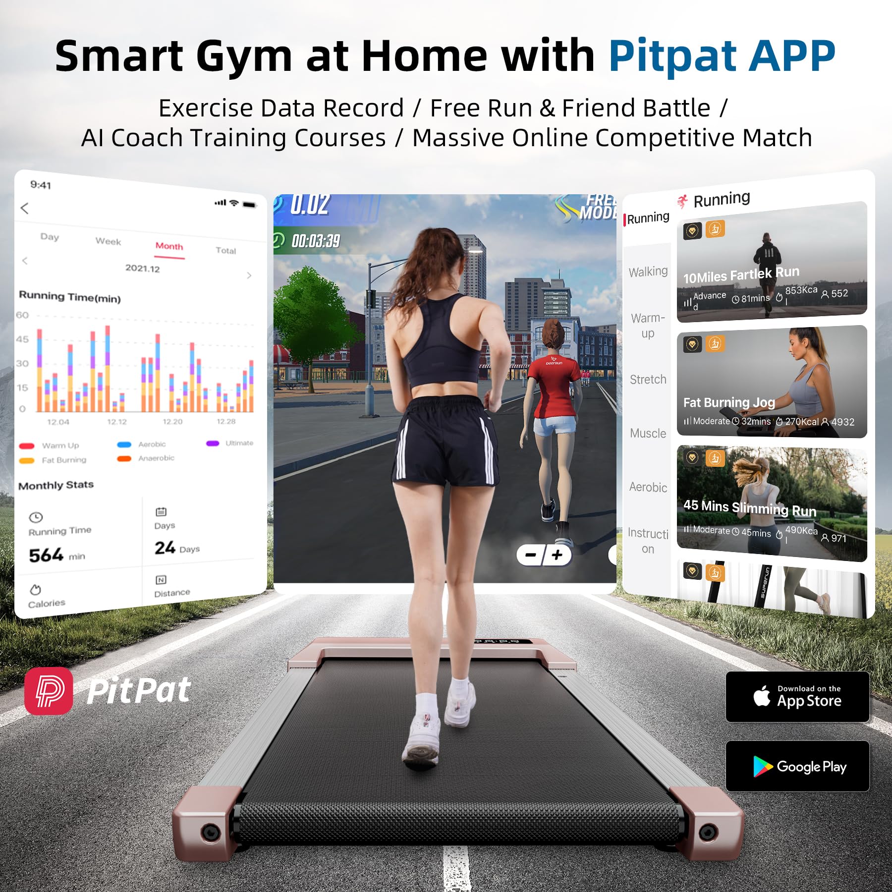 Deerrun Walking Pad With Dumbbell Weight Sets Of 2, Smart App Home Gym Equipment, 2.5Hp Quiet Led Display & Remote Control Porta