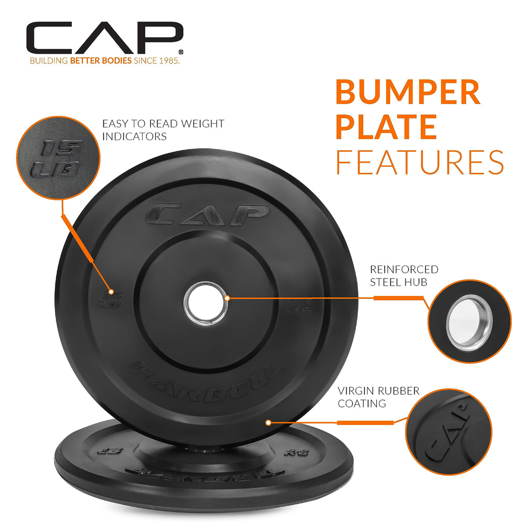 Cap Barbell Better Olympic Bumper Plate Set, Black, 15 Lb Pair