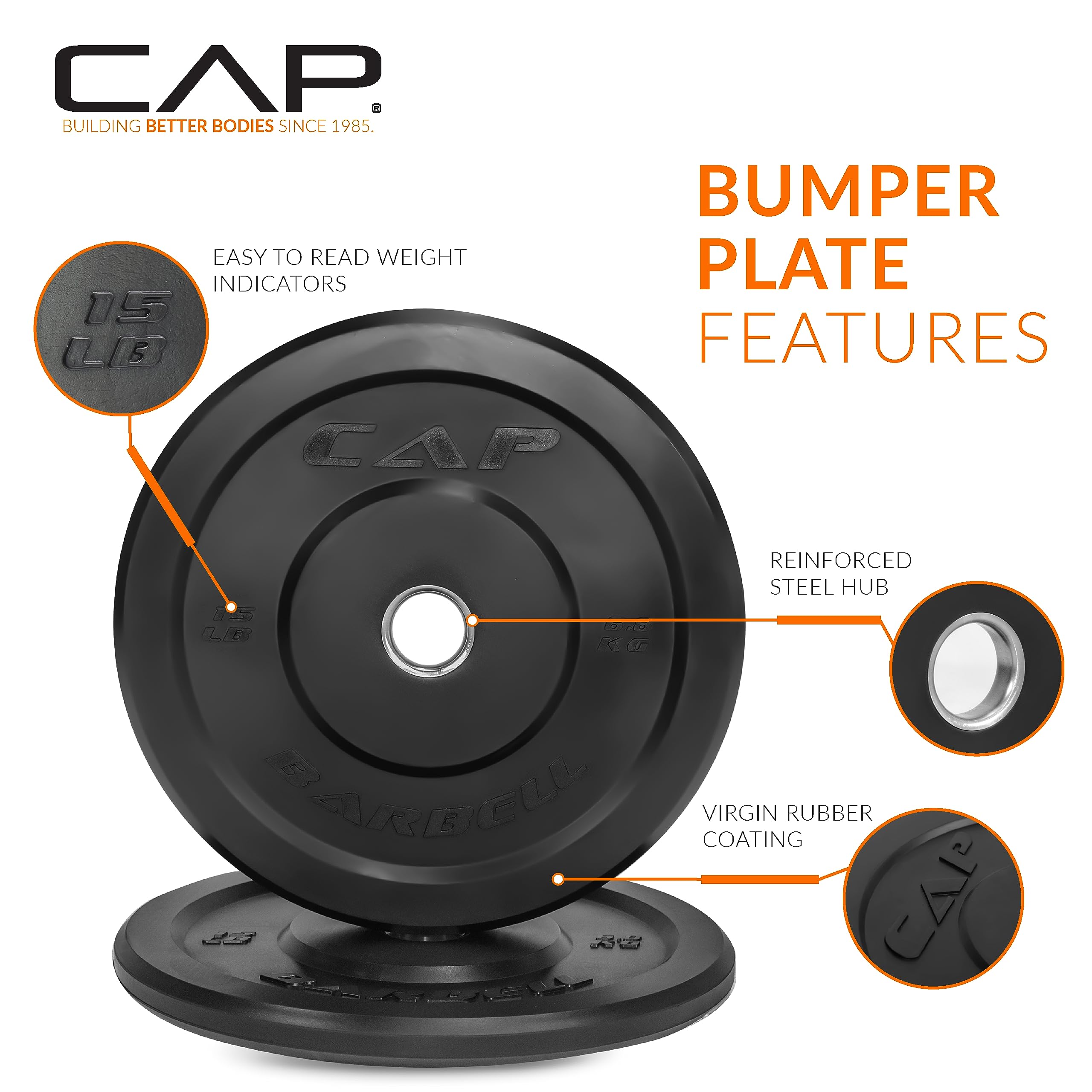 Cap Barbell Better Olympic Bumper Plate Set, Black, 15 Lb Pair