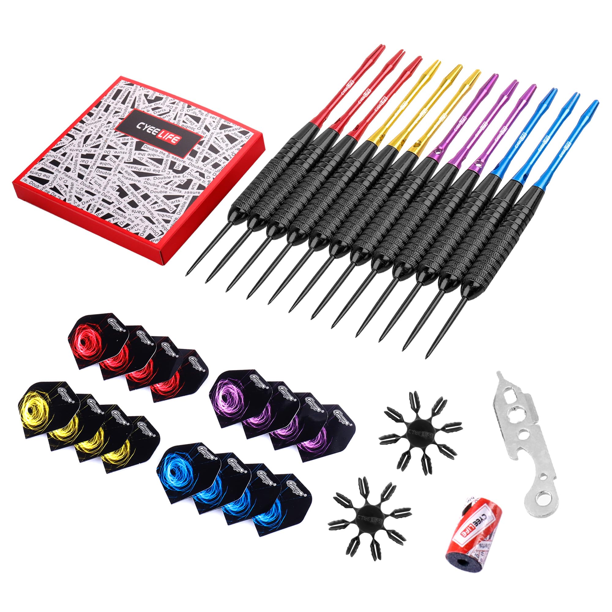 Cyeelife Steel Tip Colorful Darts Set 22G With Aluminium Shafts(4 Colors)+16 Protectors+16 Flights(4 Colors)+Sharpener+Tool,12 P