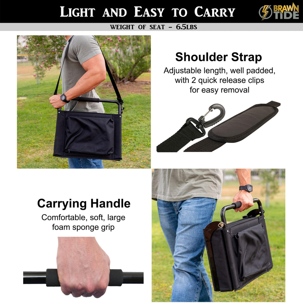 Brawntide Wide Stadium Seat Chair - Extra Thick Padding, 2 Bleacher Hooks, Compact, Light, Shoulder Strap, Carrying Handle, 3 St