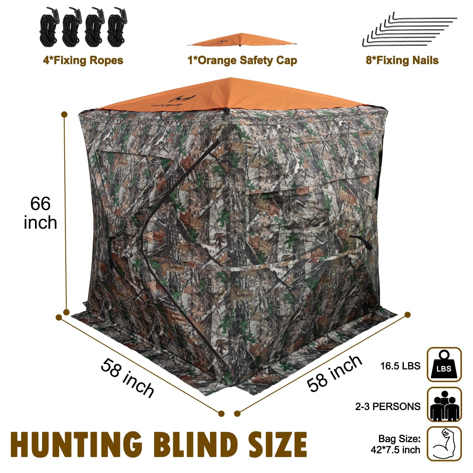 Hunthor Hunting Blind For 2-3 Person, 270 Degree See-Through Ground Blind With Silent Zipper And Orange Top, Portable Pop-Up Ten