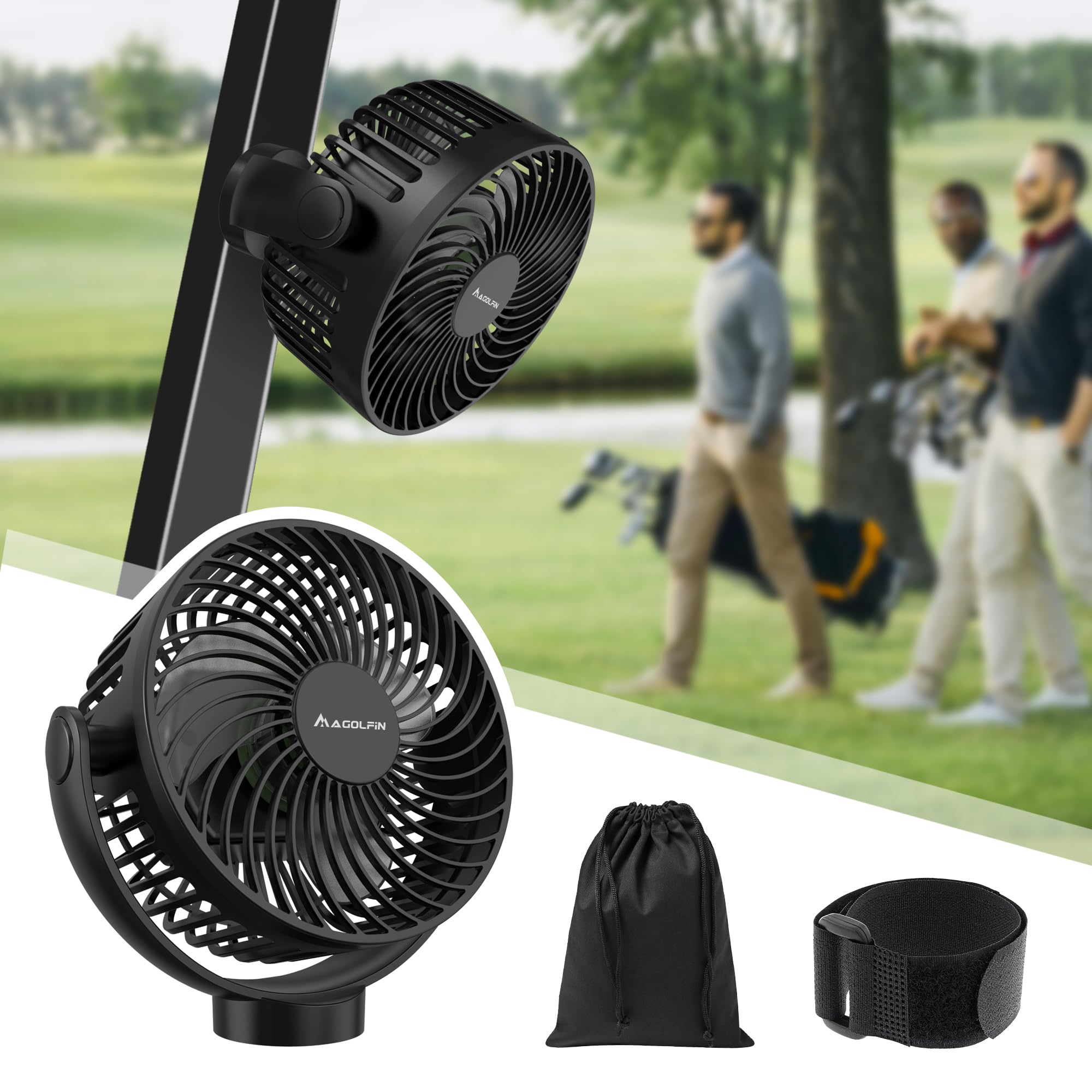 Magnetic Golf Cart Fan Rechargeable, 12000mAH Battery Operated Portable Fan with 3 Speeds, LED Lantern, Magnetic Base, Compatibl