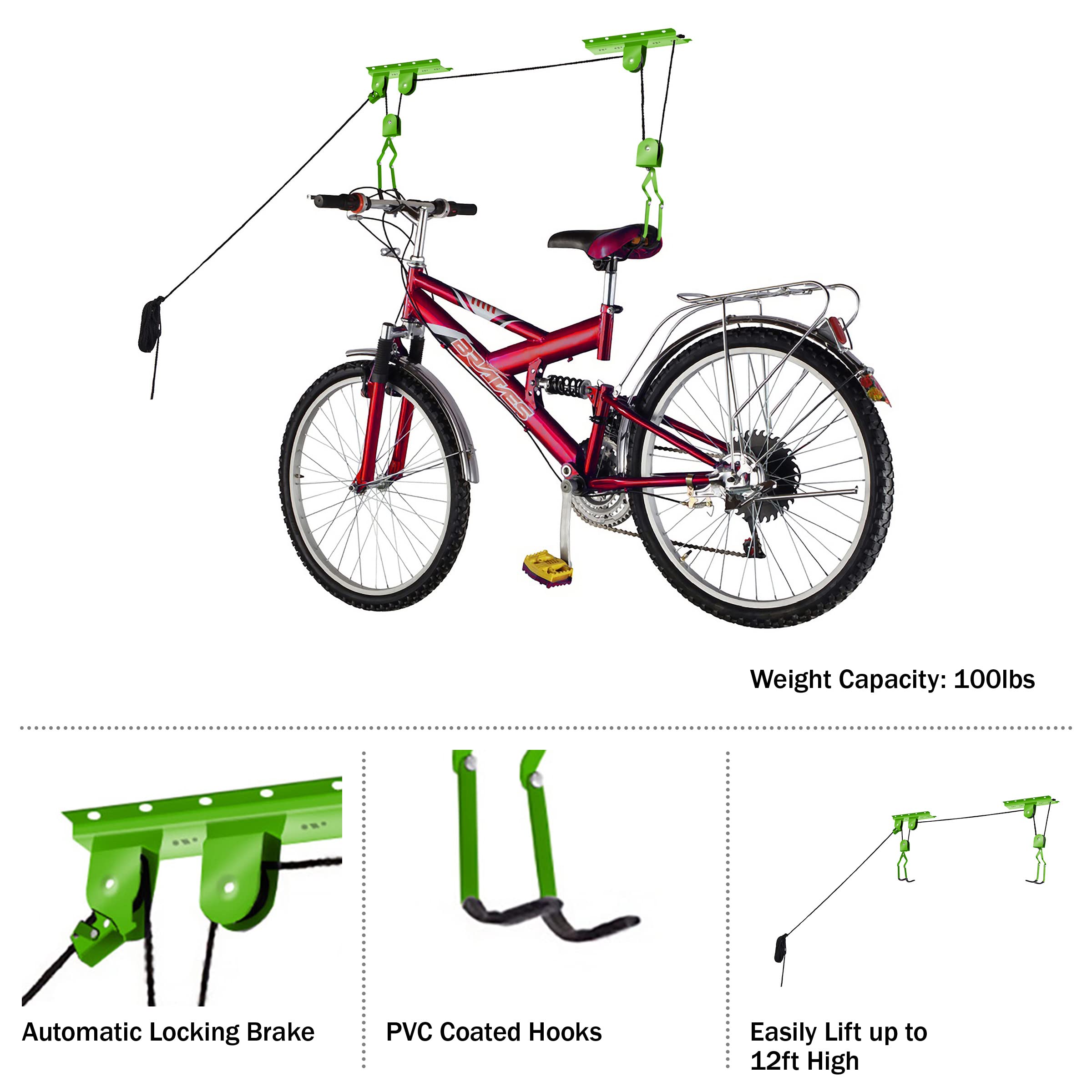 Bike Hanger Set - Set Of 2 Overhead Pulley System Bike Hangers For Garage With 100Lb Capacity For Bicycles By Rad Sportz