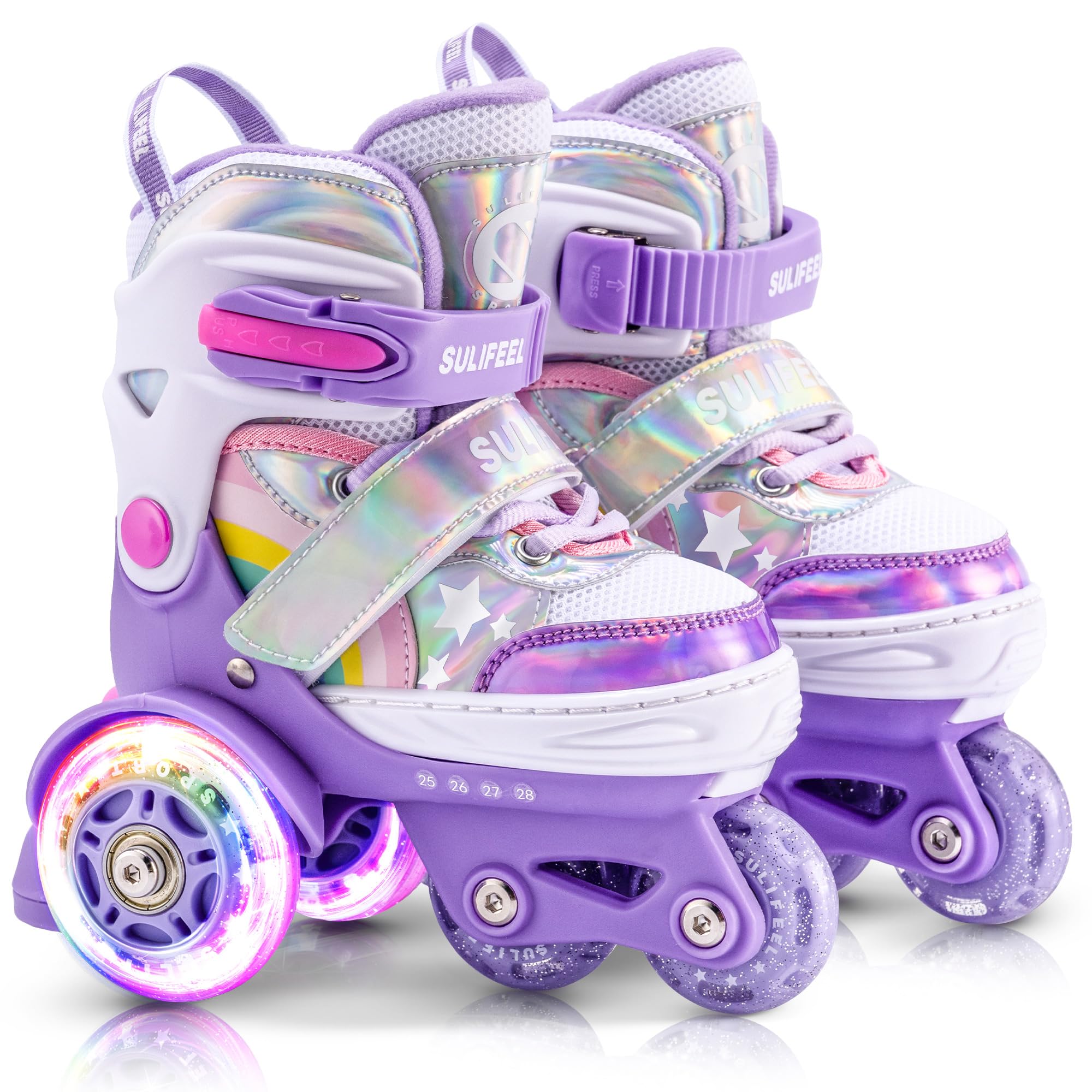 Sulifeel Rainbow Unicorn 4 Size Adjustable Light Up Toddler Roller Skates For Girls And Boys For Kids Purple
