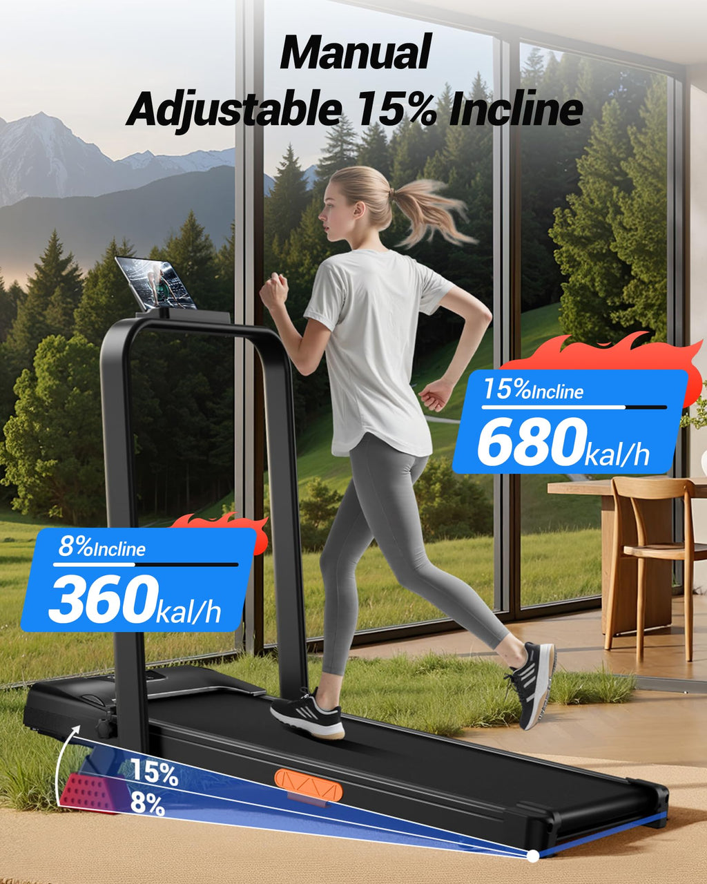 CURSOR FITNESS Walking Pad with 15% Incline 0.6-7MPH Quiet Foldable Treadmill for Home Office Under Desk 2.5HP Walking Treadmill