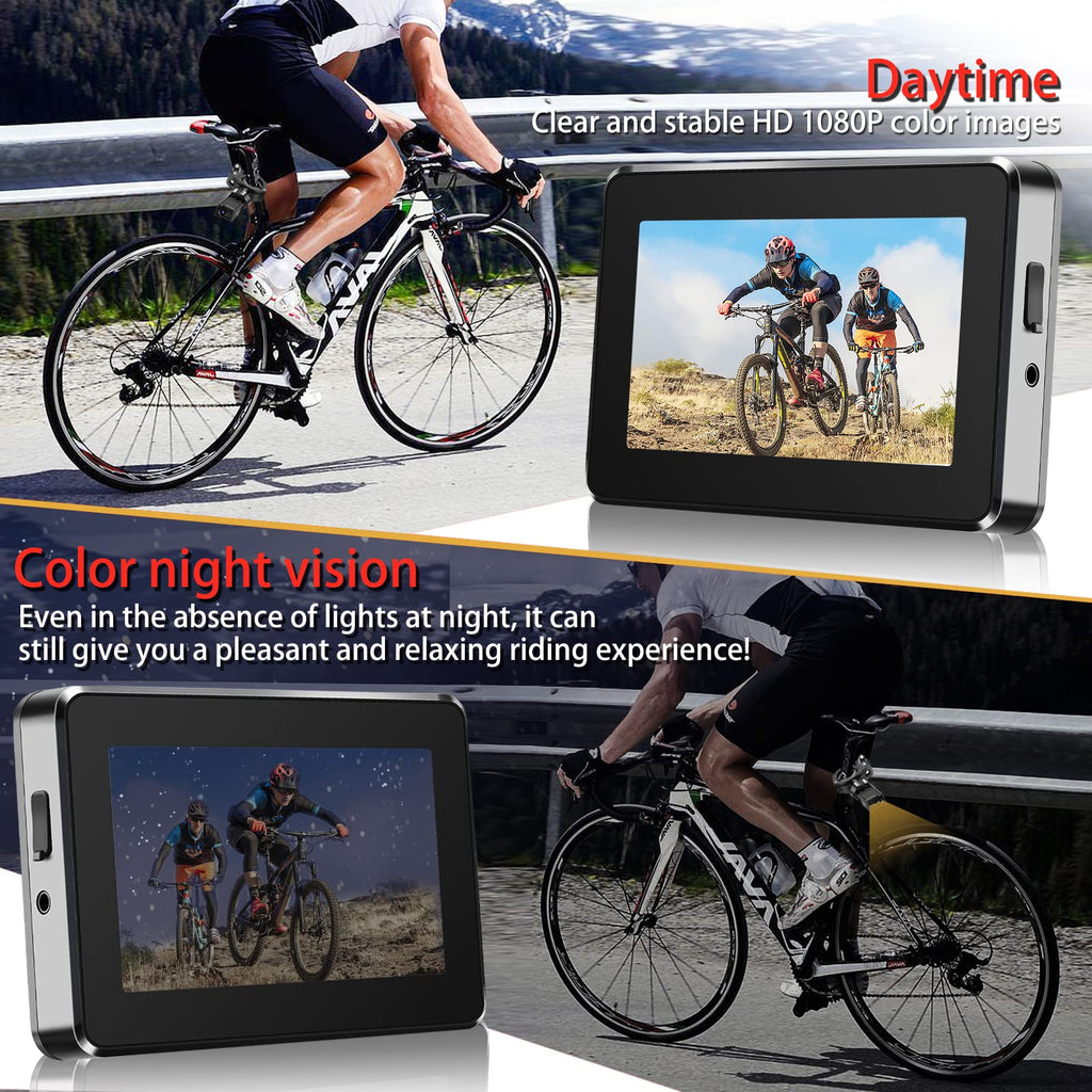 Bike Camera Rechargeable Battery 360 Rotation - 3 Mins Easy Install Handlebar Bicycle Camera With Rear View Monitor Color Night