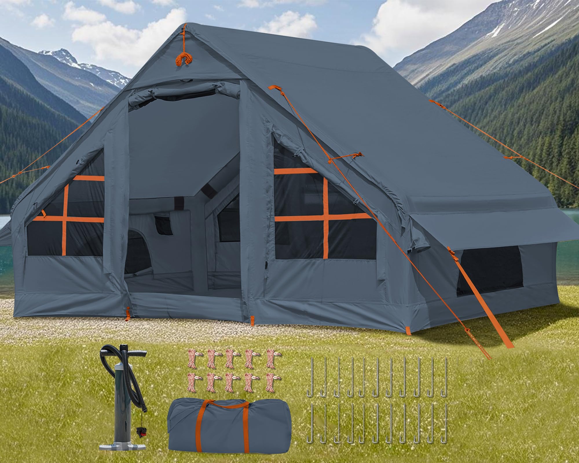 Inflatable Camping Tent With Pump, 4 Person Glamping Tents Sun Shelter, Easy Setup Waterproof Outdoor Oxford Tents, Self-Support