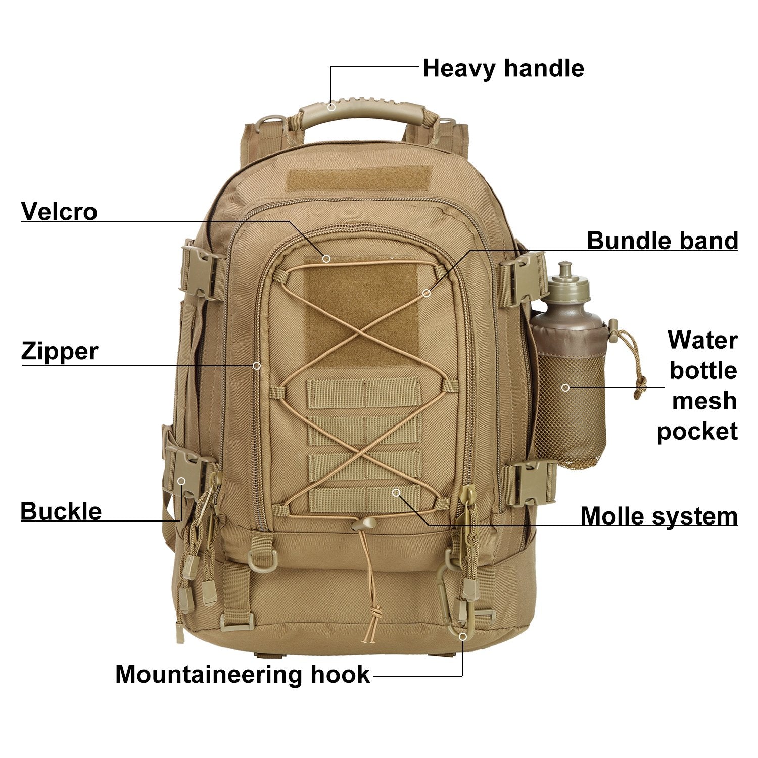 Zseararmy Large Tactical Backpack For Men Military Backpack With Diy System For Travel, Work,Camping,Hunting,Hiking,Sports (Tan)