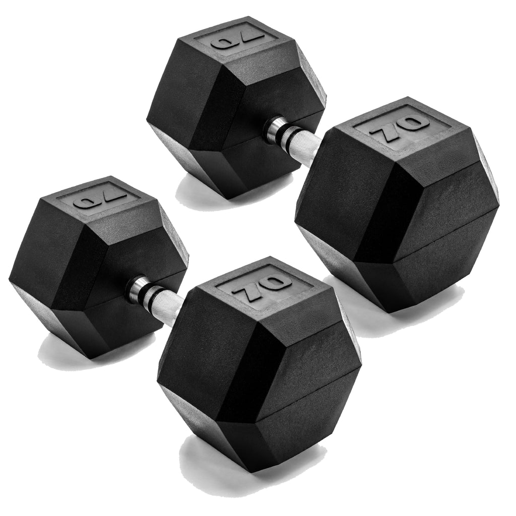 CAP Barbell 70 LB Rubber Coated Hex Dumbbell Hand Weight - Pair | Chrome Handle
