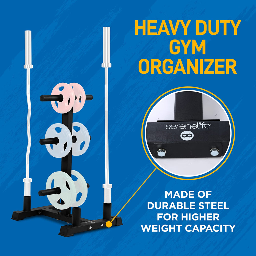 SereneLife 6-Pegs Olympic Weight Plate Rack & 4 Barbells - 800 Pounds Capacity, Heavy Duty Gym Organizer, Scratch Resistant Fram
