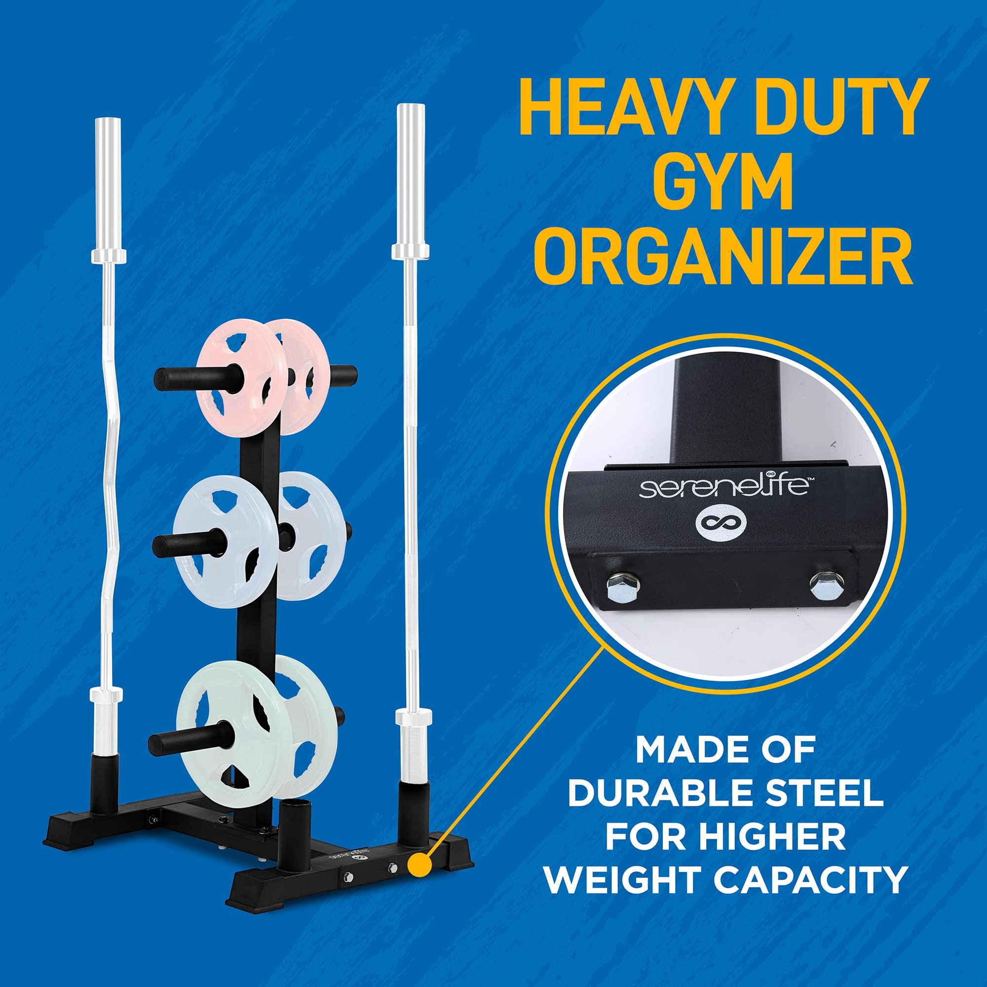SereneLife 6-Pegs Olympic Weight Plate Rack & 4 Barbells - 800 Pounds Capacity, Heavy Duty Gym Organizer, Scratch Resistant Fram