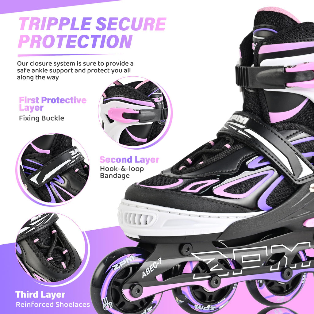 2PM SPORTS Vinal Inline Skates for Girls Boys Kids Ages 5-8 8-12 with Adjustable Illuminating Wheels, Inline Roller Skates for Y