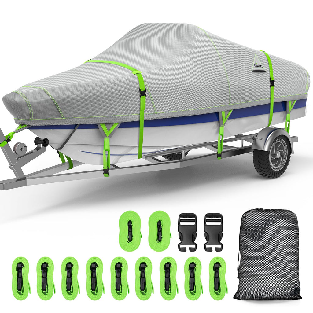 Uirway Boat Cover Waterproof, Heavy Duty 1200D Boat Tarp With Reflective Strips, Bass Boat Covers For Trailering & Mooring, Fits
