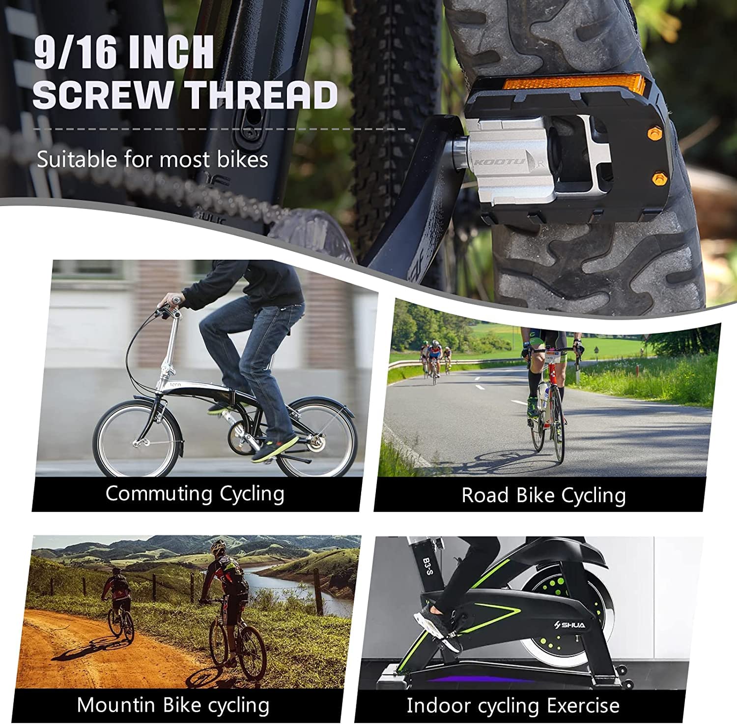Kootu Bike Pedals With Reflective Strips, Universal 9/16 Inch Mountain Bike Pedals, Sealed Bearing Lightweight Platform, Non-Sli