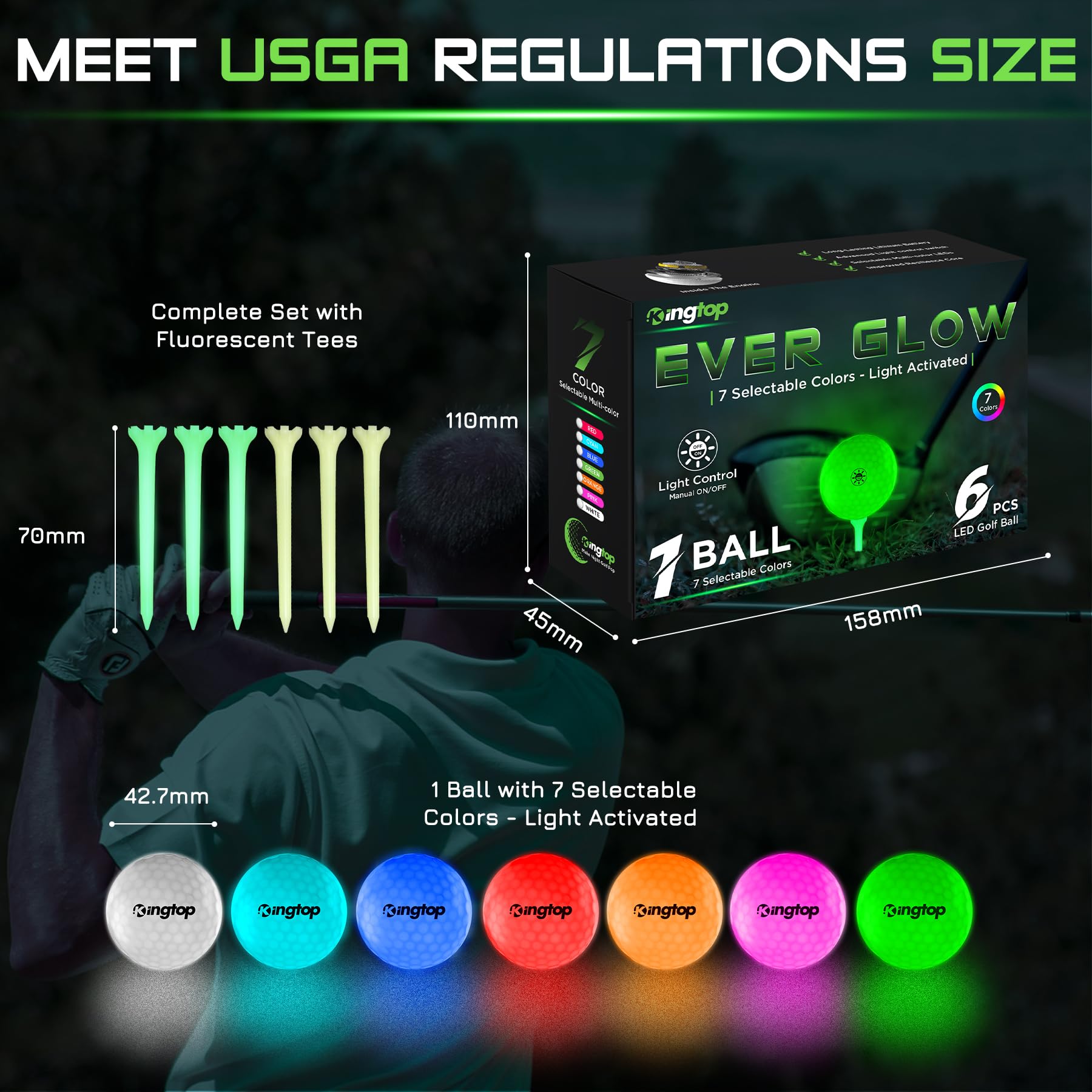 Kingtop Everglow Glow In The Dark Golf Ball - Light Activated 7-Color Led Golf Balls, Light Up Ball With Fluorescent Tees And St