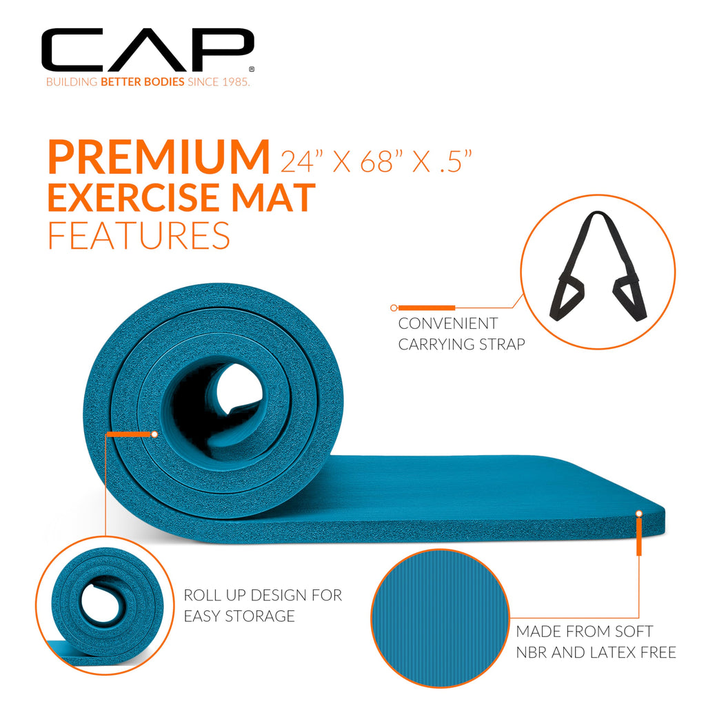 Cap High Density Exercise Mat With Strap, 68''X24'' 12Mm - Teal