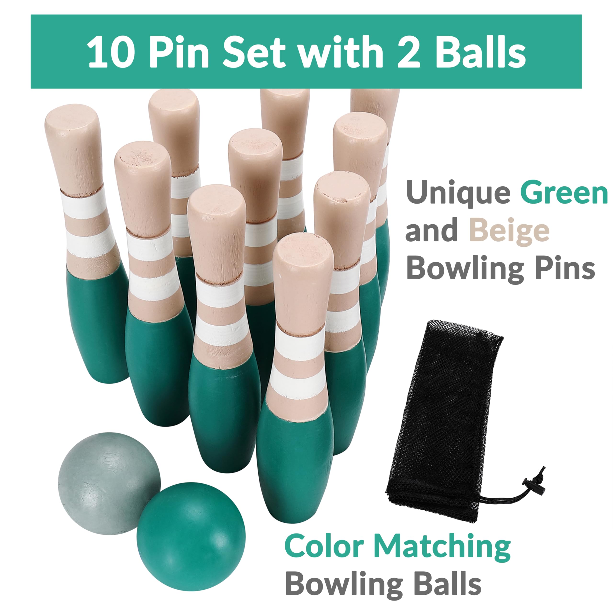 Sterling Sports Wooden Lawn Bowling 9'' Skittles Set With Carrying Mesh Bag For Indoors And Outdoors - 10 Wooden Pins And 2 Ball