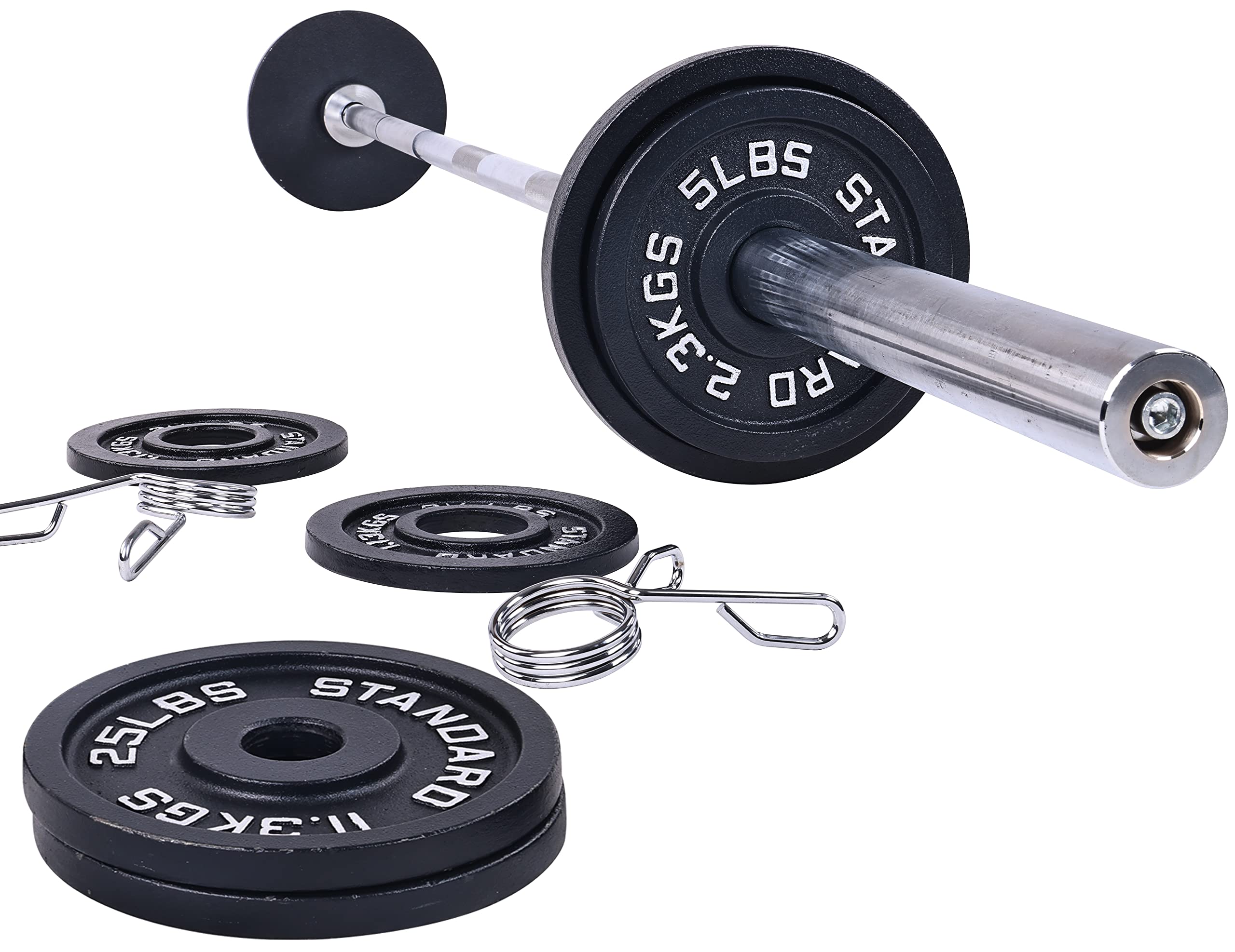 Signature Fitness Cast Iron Olympic 2-Inch Weight Plates Including 7FT Olympic Barbell, 130-Pound Set (85 Pounds Plates + 45 Pou