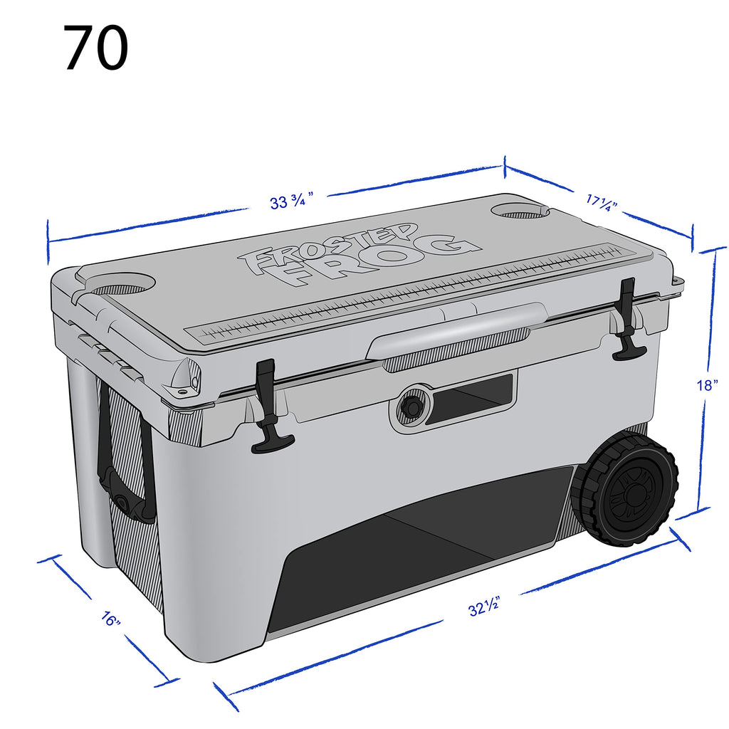 Frosted Frog Original Gray 70 Quart Ice Chest Heavy Duty High Performance Roto-Molded Commercial Grade Insulated Cooler With Whe