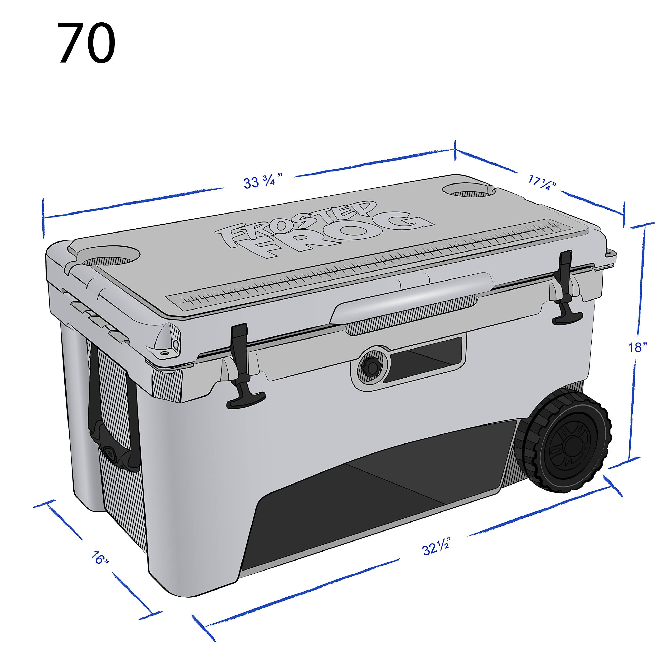 Frosted Frog Original Gray 70 Quart Ice Chest Heavy Duty High Performance Roto-Molded Commercial Grade Insulated Cooler With Whe