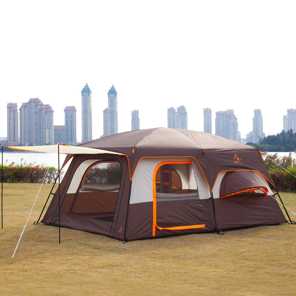 Ktt Extra Large Tent 12 Person,2 Bay-Windows,Family Cabin Tents,14.1'Lx10'Wx6.58'H,2 Rooms And 3 Doors 3 Windows With Mesh,Water