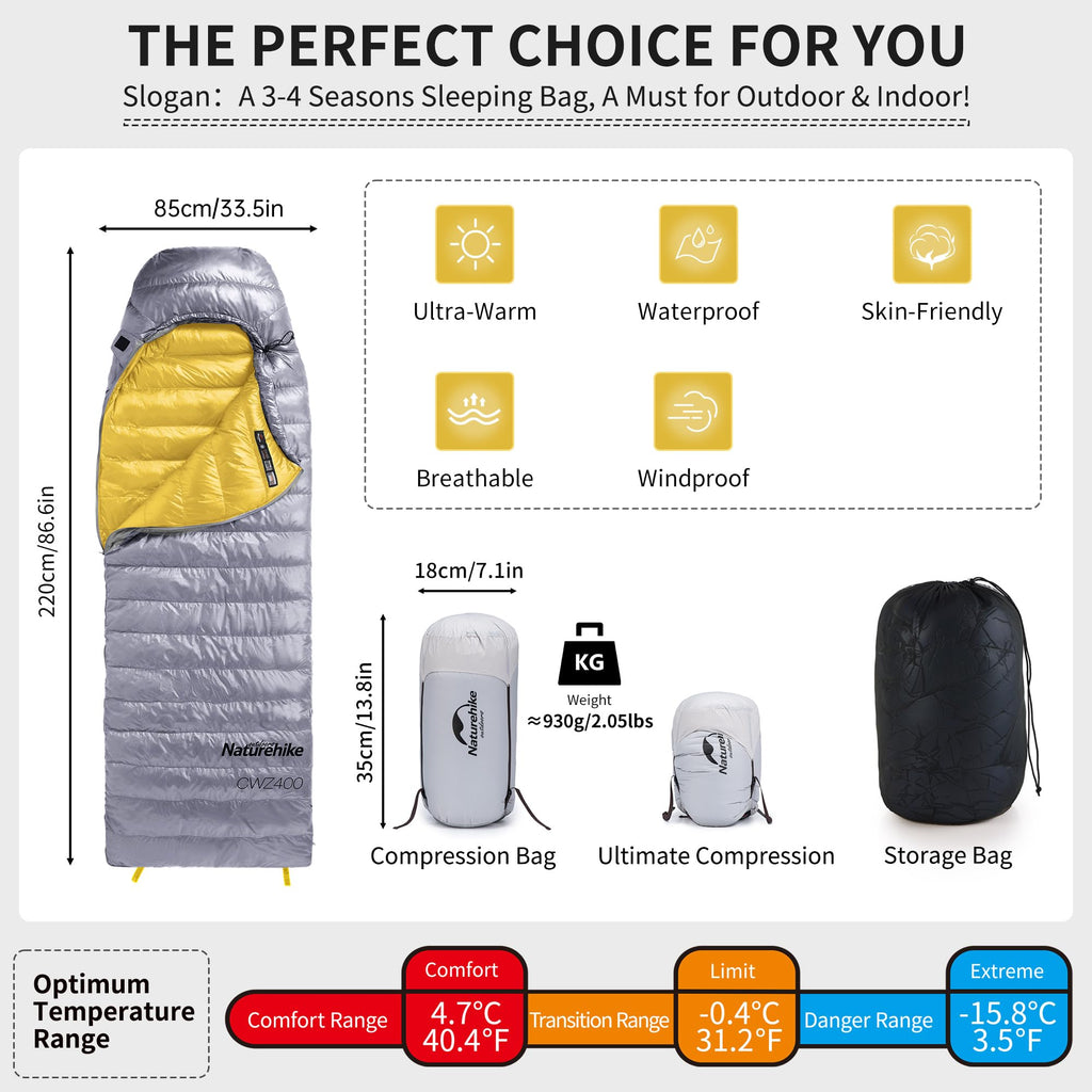 Naturehike Ultralight Duck Down Cold Weather Sleeping Bag, 650Fp Compact Sleeping Bag 3-4 Season For Adults & Kids, Waterproof -